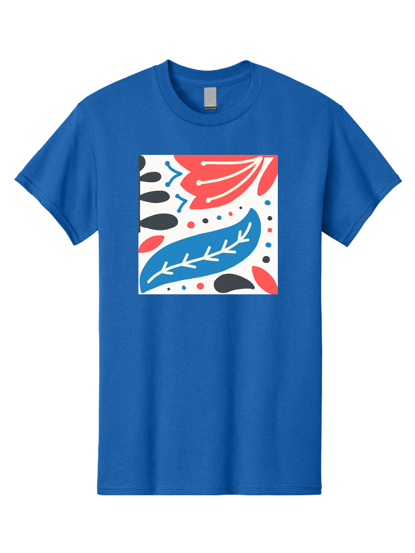 Abstract-Leaves-1 Men'S Graphic Tee, 100% Cotton, Comfortable Casual Summer Wear, Machine Washable, Abstract Leaf Pattern, Modern Design, Colorful Shapes, Red And Blue Leaves, Black Ovals, Scattered Dots, Artistic Expression, Creative Design, Aab657