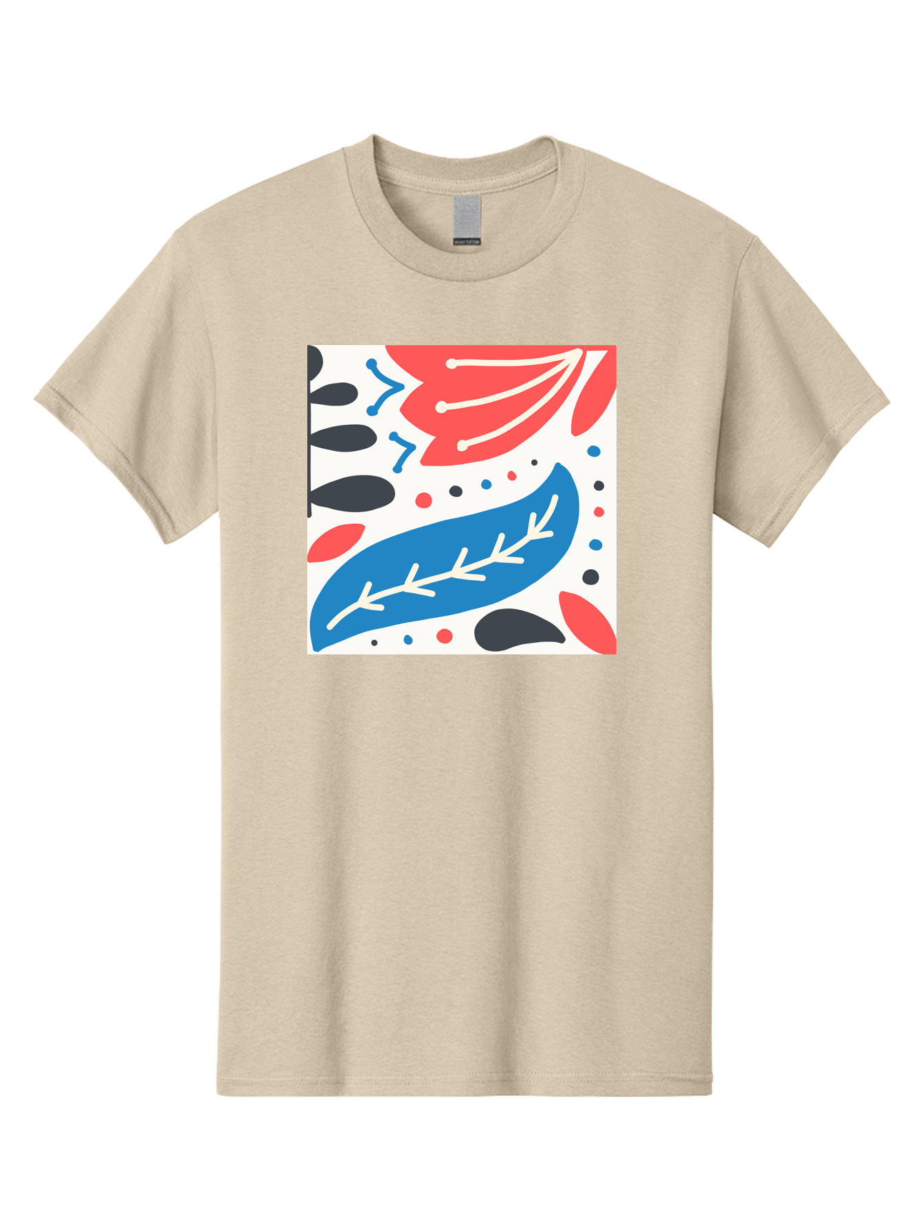 Abstract-Leaves-1 Men'S Graphic Tee, 100% Cotton, Comfortable Casual Summer Wear, Machine Washable, Abstract Leaf Pattern, Modern Design, Colorful Shapes, Red And Blue Leaves, Black Ovals, Scattered Dots, Artistic Expression, Creative Design, Aab657