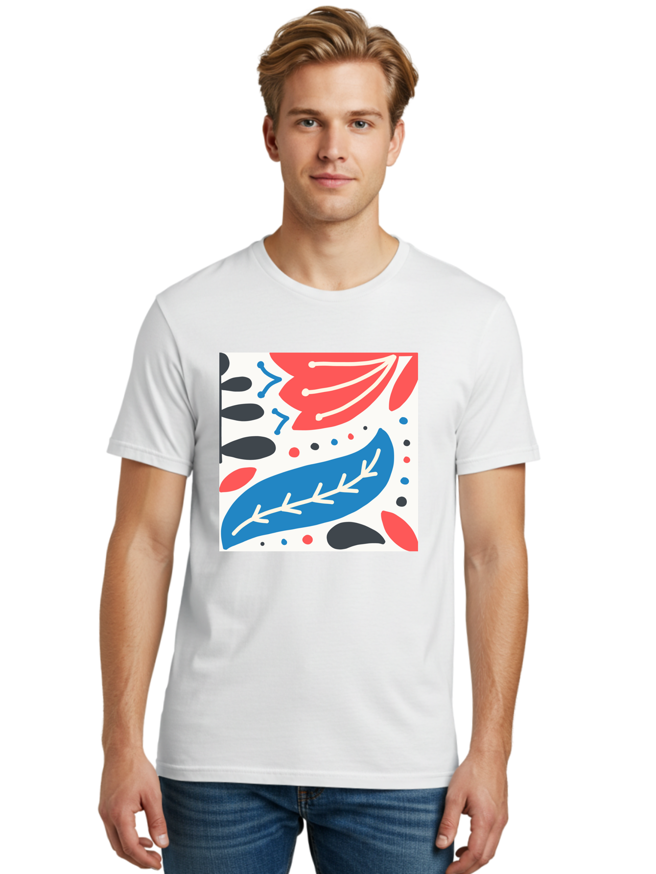 Abstract-Leaves-1 Men'S Graphic Tee, 100% Cotton, Comfortable Casual Summer Wear, Machine Washable, Abstract Leaf Pattern, Modern Design, Colorful Shapes, Red And Blue Leaves, Black Ovals, Scattered Dots, Artistic Expression, Creative Design, Aab657