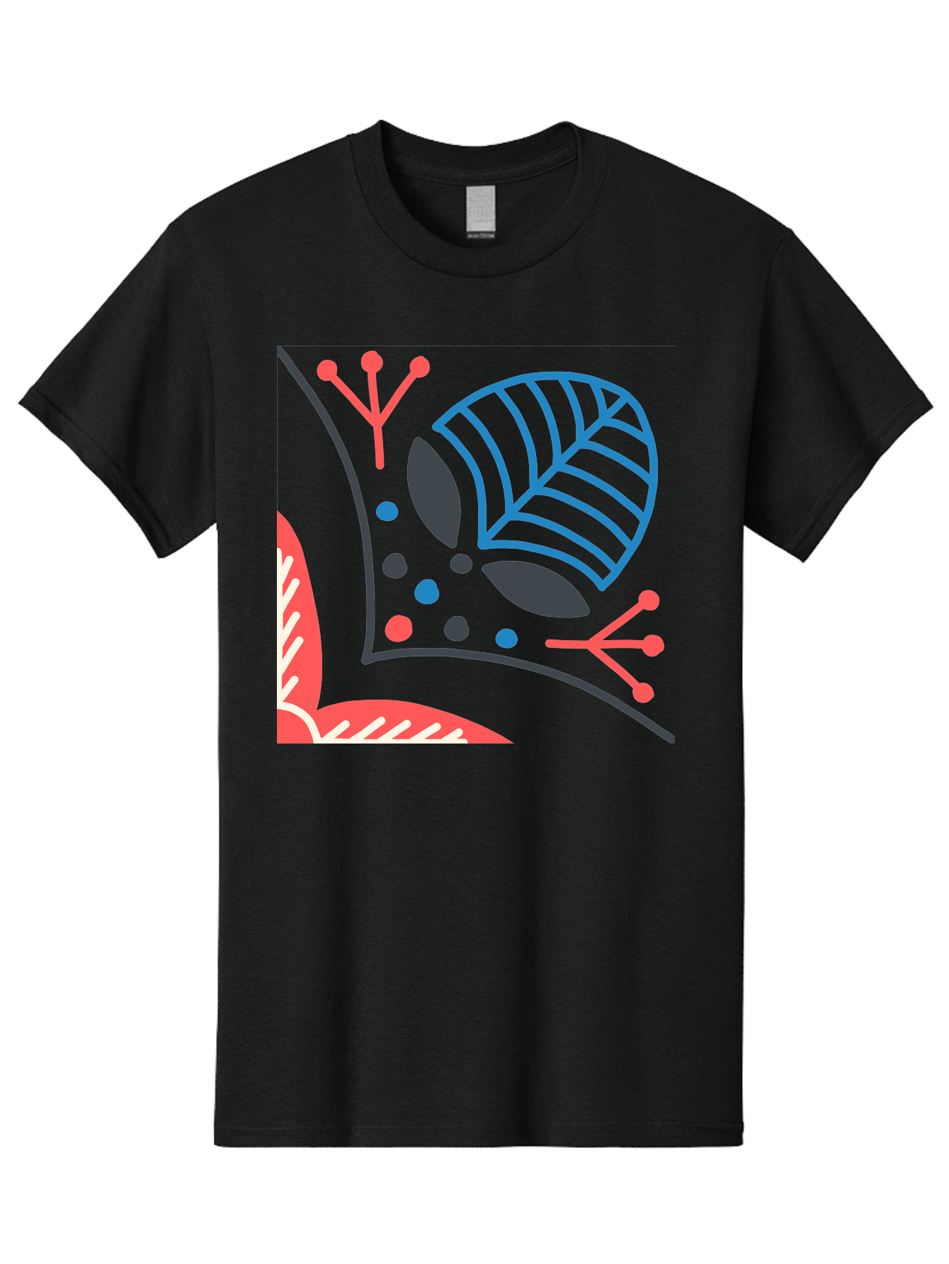 Abstract-Leaves Men'S Graphic Tee, 100% Cotton, Comfortable Casual Summer Wear, Machine Washable, Stylized Leaf, Abstract Foliage, Vibrant Colors, Playful Patterns, Blue Lines, Red Accents, Black Dots, Graphic Design Elements, Modern Art, Aab658