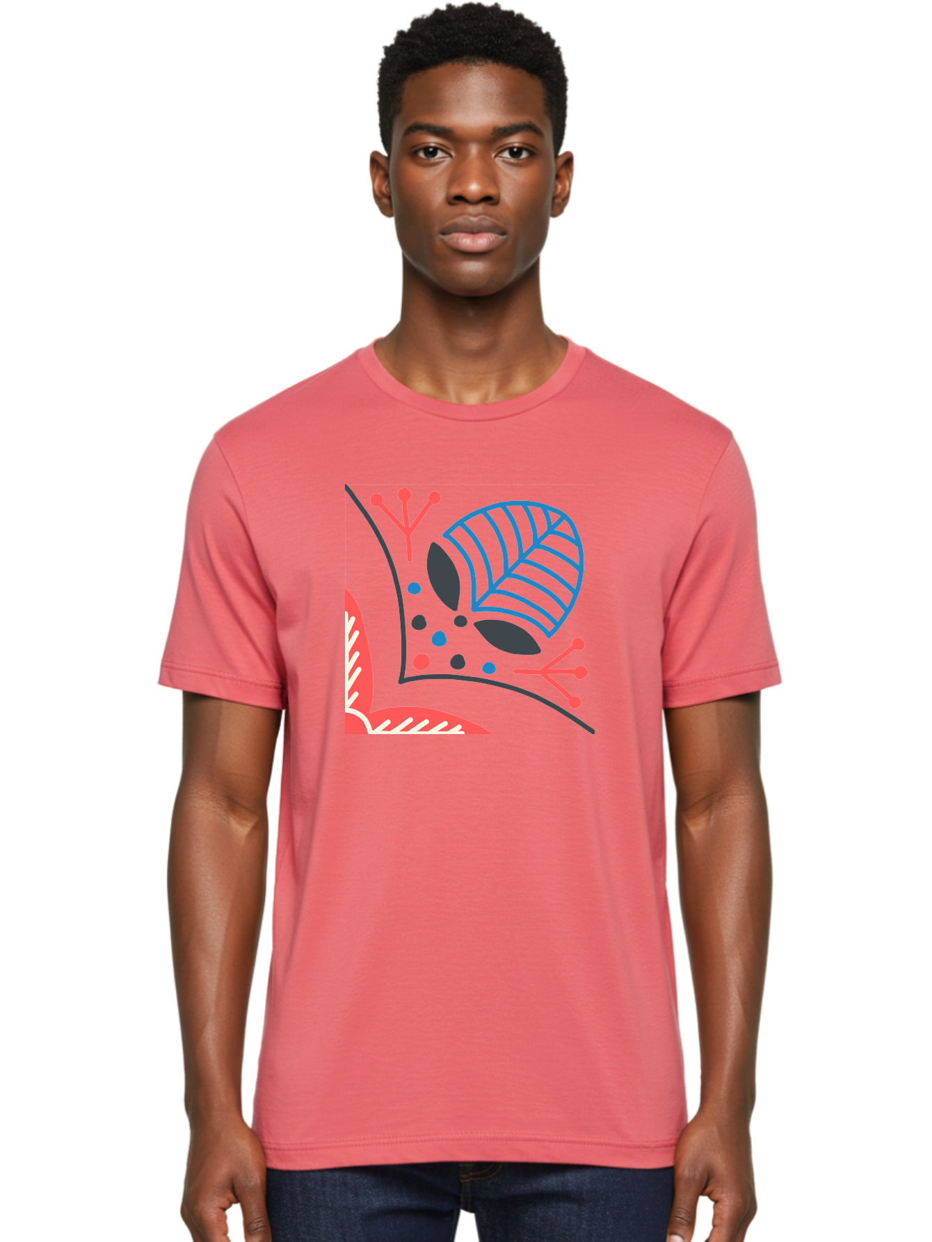Abstract-Leaves Men'S Graphic Tee, 100% Cotton, Comfortable Casual Summer Wear, Machine Washable, Stylized Leaf, Abstract Foliage, Vibrant Colors, Playful Patterns, Blue Lines, Red Accents, Black Dots, Graphic Design Elements, Modern Art, Aab658