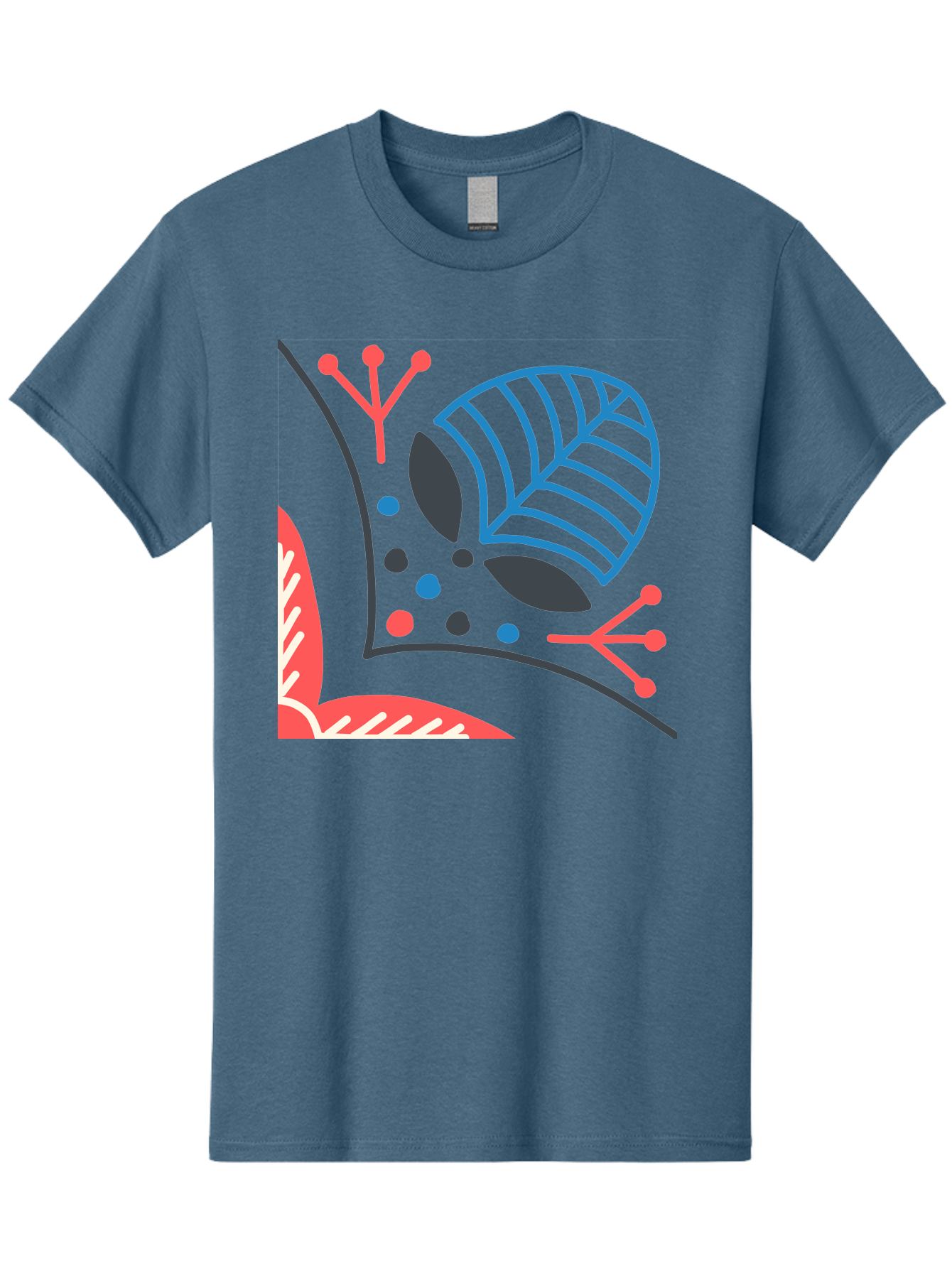 Abstract-Leaves Men'S Graphic Tee, 100% Cotton, Comfortable Casual Summer Wear, Machine Washable, Stylized Leaf, Abstract Foliage, Vibrant Colors, Playful Patterns, Blue Lines, Red Accents, Black Dots, Graphic Design Elements, Modern Art, Aab658