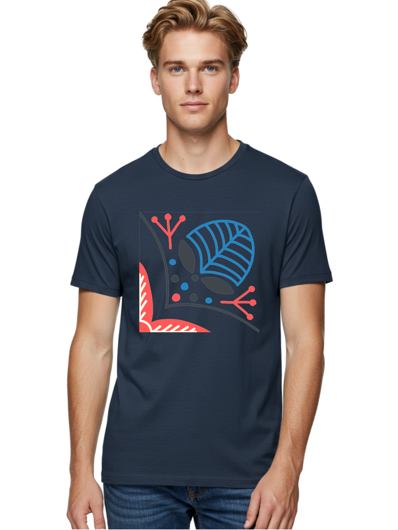 Abstract-Leaves Men'S Graphic Tee, 100% Cotton, Comfortable Casual Summer Wear, Machine Washable, Stylized Leaf, Abstract Foliage, Vibrant Colors, Playful Patterns, Blue Lines, Red Accents, Black Dots, Graphic Design Elements, Modern Art, Aab658