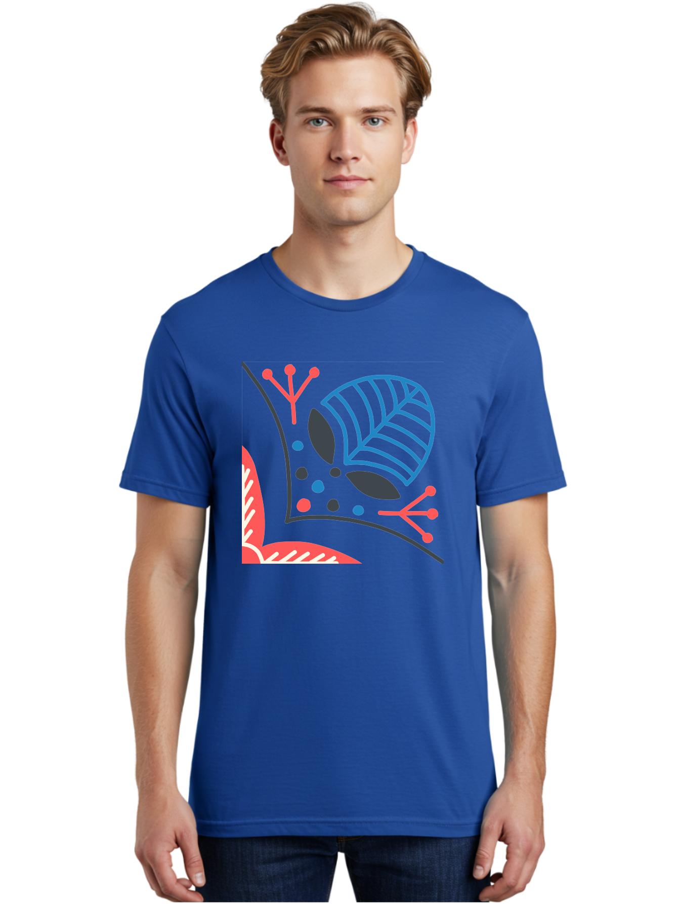 Abstract-Leaves Men'S Graphic Tee, 100% Cotton, Comfortable Casual Summer Wear, Machine Washable, Stylized Leaf, Abstract Foliage, Vibrant Colors, Playful Patterns, Blue Lines, Red Accents, Black Dots, Graphic Design Elements, Modern Art, Aab658