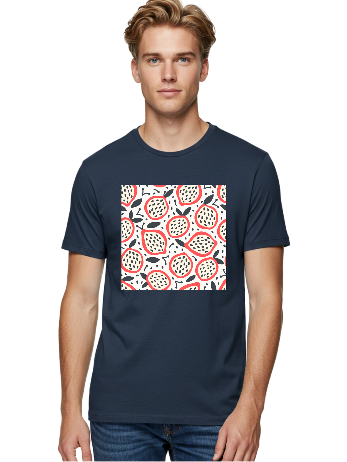 Apples-Pattern Men'S Graphic Tee, 100% Cotton, Comfortable Casual Summer Wear, Machine Washable, Lemon Pattern, Citrus Fruits, Red Outline, Black Seeds, Gray Leaves, White Background, Seamless Design, Fruit Illustration, Summery Vibe, Aab659