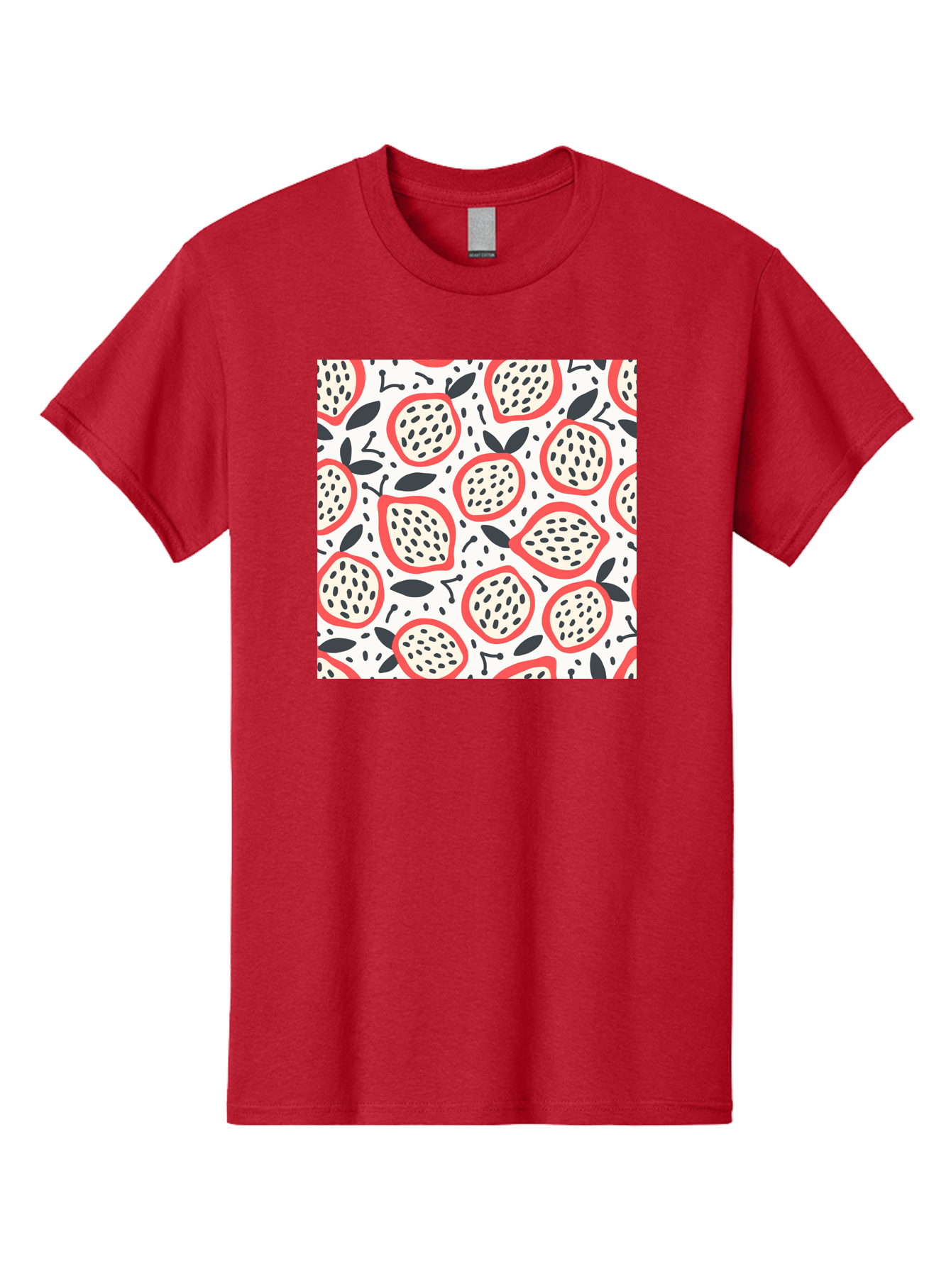 Apples-Pattern Men'S Graphic Tee, 100% Cotton, Comfortable Casual Summer Wear, Machine Washable, Lemon Pattern, Citrus Fruits, Red Outline, Black Seeds, Gray Leaves, White Background, Seamless Design, Fruit Illustration, Summery Vibe, Aab659