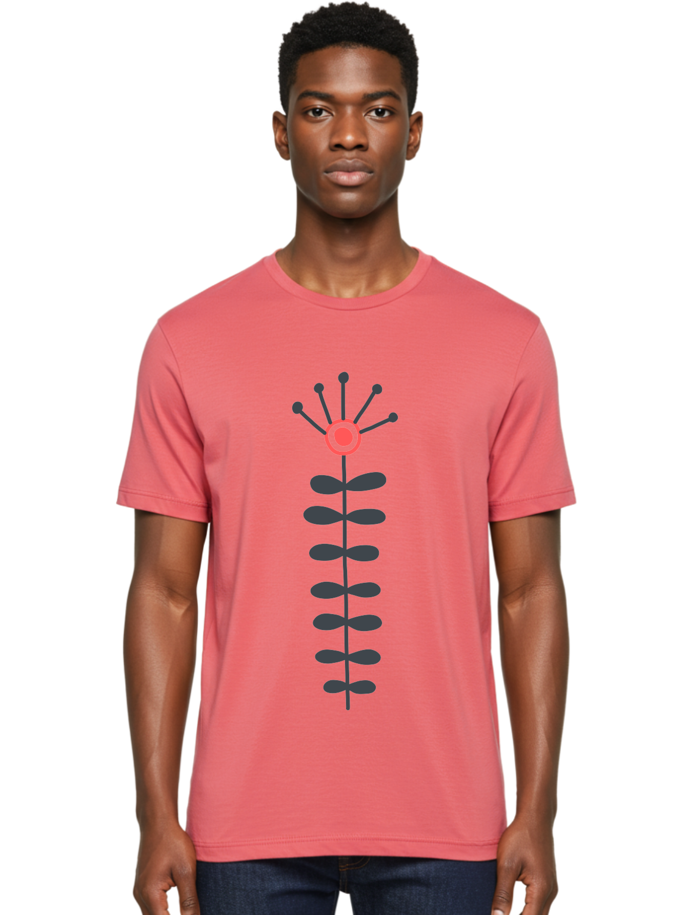 Atom Men'S Graphic Tee, 100% Cotton, Comfortable Casual Summer Wear, Machine Washable, Minimalist Flower Design, Simple Icon, Floral Symbol, Modern Graphic, Grey Petals, Pink Center Aab660