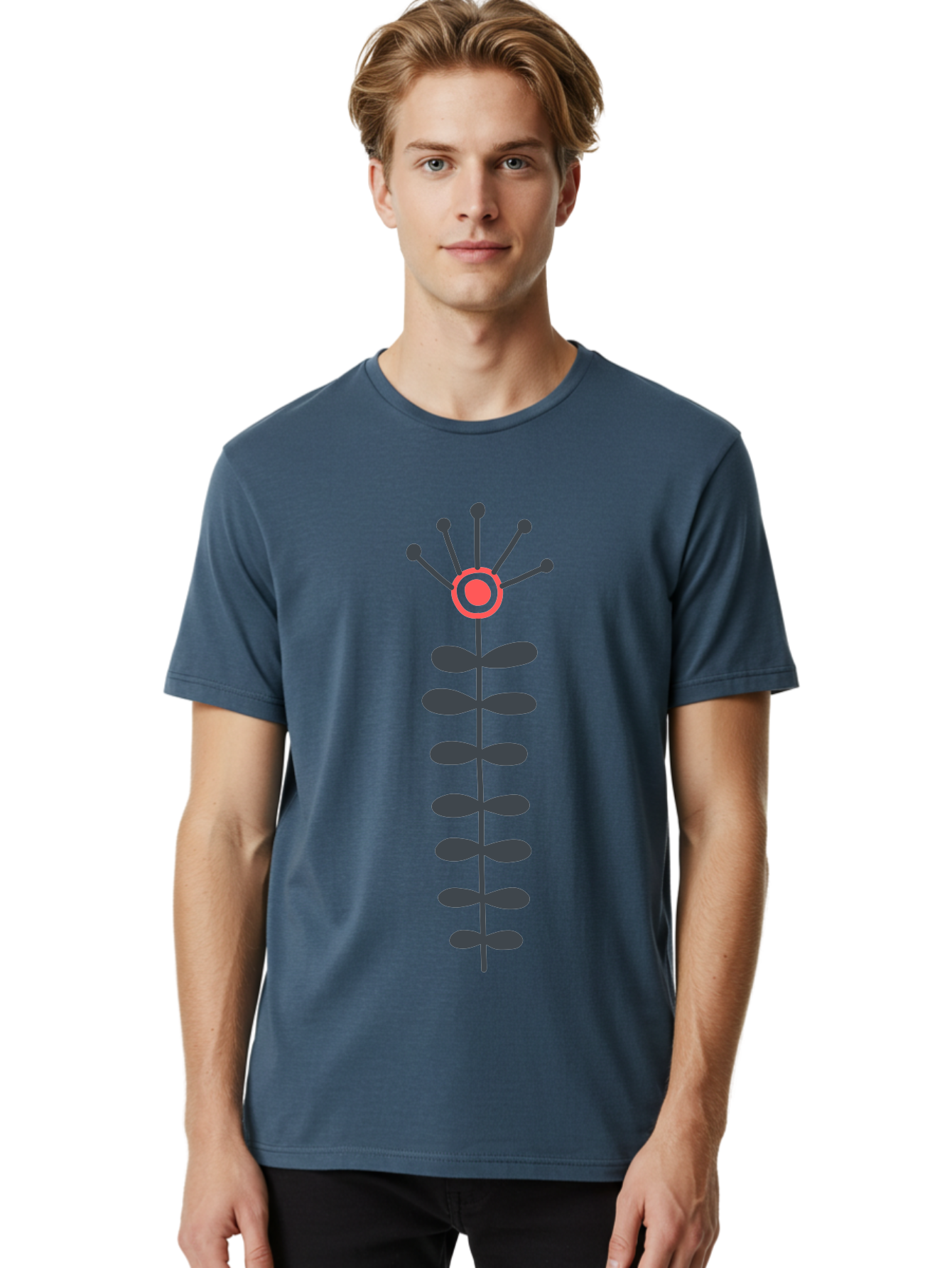 Atom Men'S Graphic Tee, 100% Cotton, Comfortable Casual Summer Wear, Machine Washable, Minimalist Flower Design, Simple Icon, Floral Symbol, Modern Graphic, Grey Petals, Pink Center Aab660