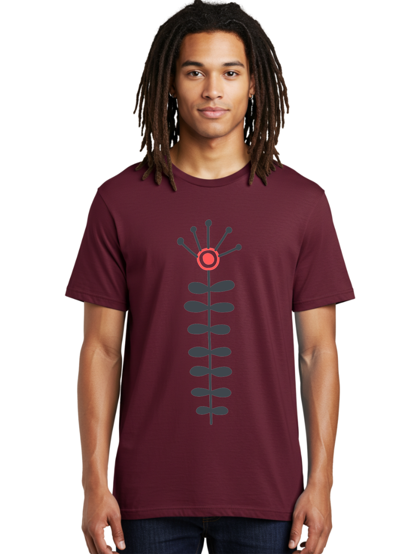 Atom Men'S Graphic Tee, 100% Cotton, Comfortable Casual Summer Wear, Machine Washable, Minimalist Flower Design, Simple Icon, Floral Symbol, Modern Graphic, Grey Petals, Pink Center Aab660