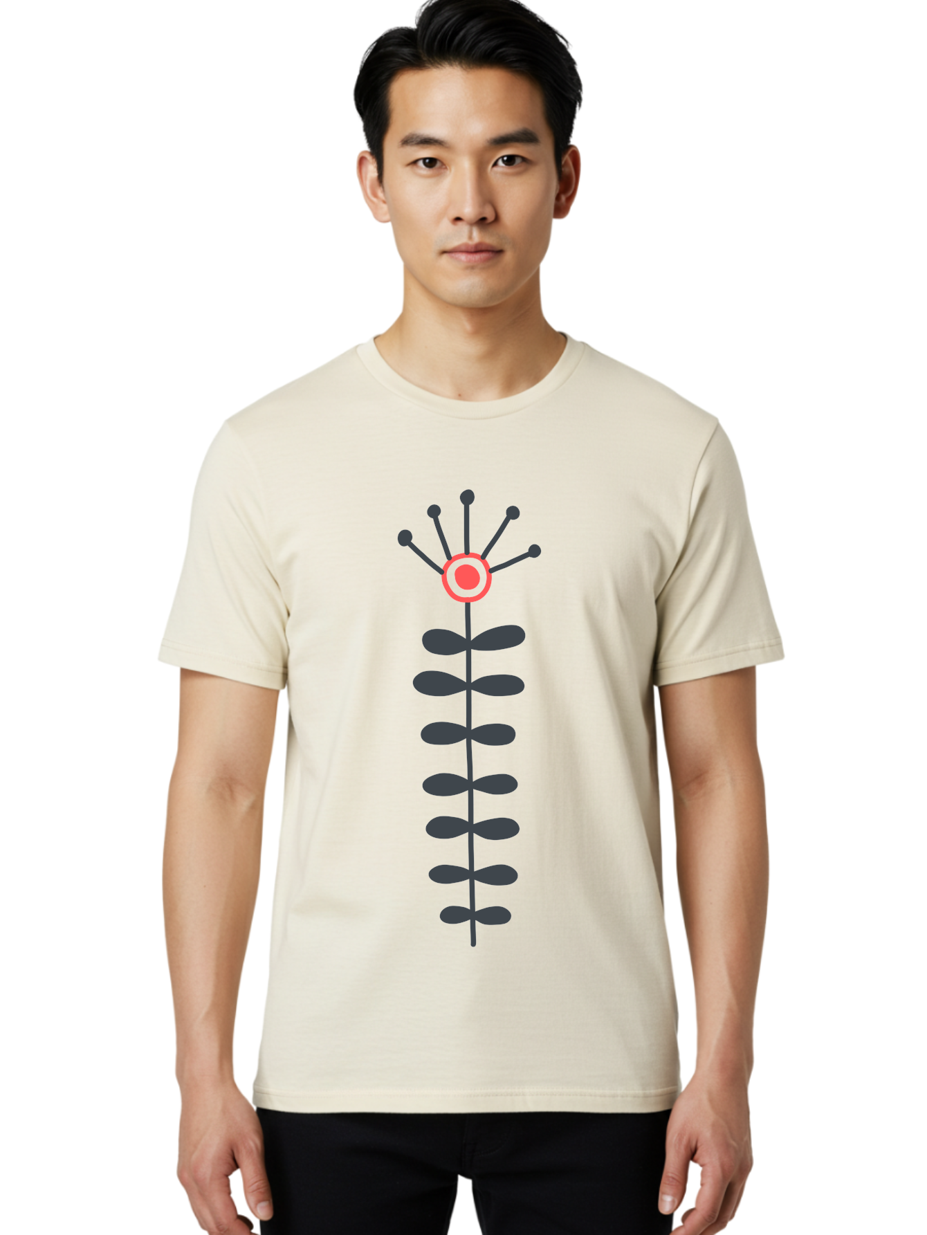 Atom Men'S Graphic Tee, 100% Cotton, Comfortable Casual Summer Wear, Machine Washable, Minimalist Flower Design, Simple Icon, Floral Symbol, Modern Graphic, Grey Petals, Pink Center Aab660