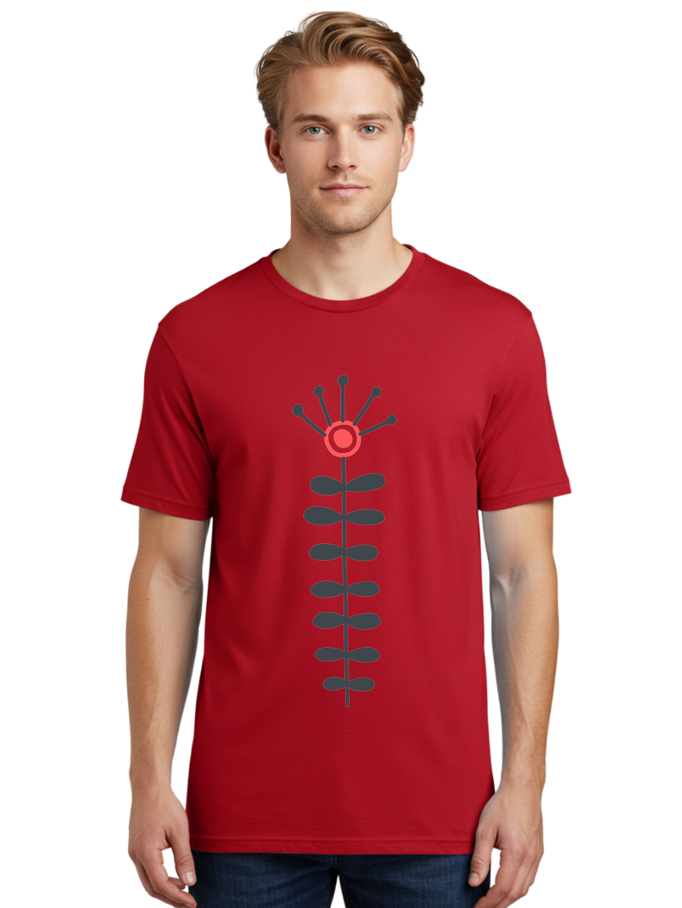 Atom Men'S Graphic Tee, 100% Cotton, Comfortable Casual Summer Wear, Machine Washable, Minimalist Flower Design, Simple Icon, Floral Symbol, Modern Graphic, Grey Petals, Pink Center Aab660