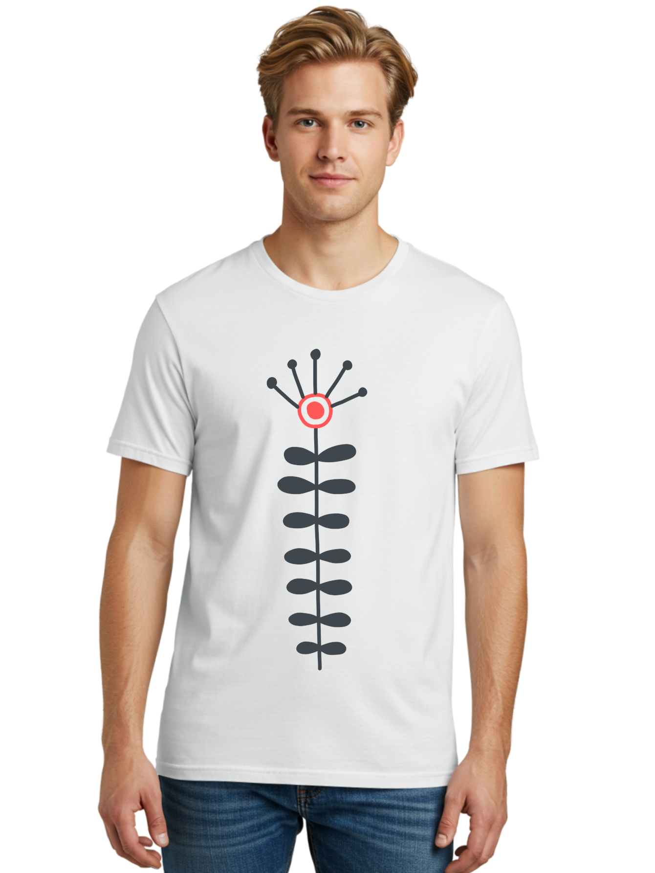 Atom Men'S Graphic Tee, 100% Cotton, Comfortable Casual Summer Wear, Machine Washable, Minimalist Flower Design, Simple Icon, Floral Symbol, Modern Graphic, Grey Petals, Pink Center Aab660