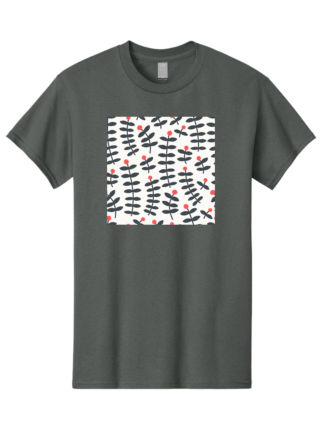 Berry-Pattern Men'S Graphic Tee, 100% Cotton, Comfortable Casual Summer Wear, Machine Washable, Berry Sprigs Pattern, Repeating Floral Design, Red Berries, Black Leaves, Minimalist Botanical, Folk Art Style, Whimsical Decoration, Aab661