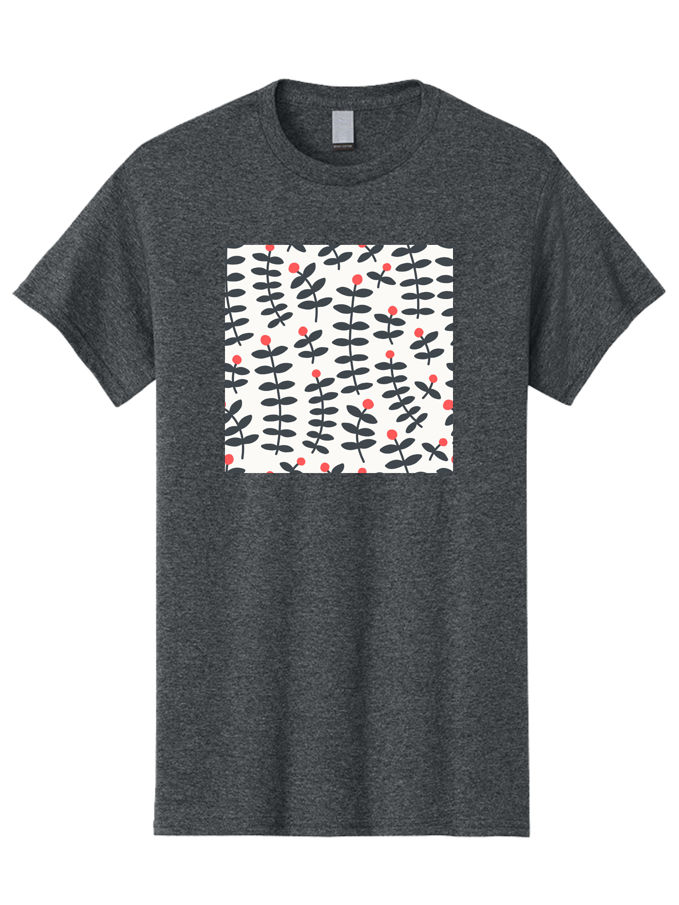Berry-Pattern Men'S Graphic Tee, 100% Cotton, Comfortable Casual Summer Wear, Machine Washable, Berry Sprigs Pattern, Repeating Floral Design, Red Berries, Black Leaves, Minimalist Botanical, Folk Art Style, Whimsical Decoration, Aab661