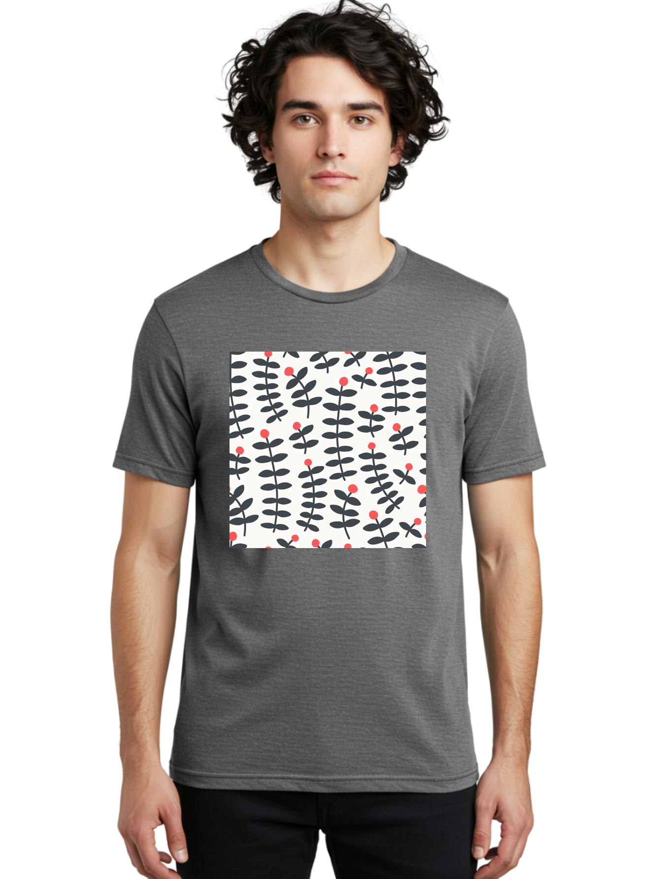 Berry-Pattern Men'S Graphic Tee, 100% Cotton, Comfortable Casual Summer Wear, Machine Washable, Berry Sprigs Pattern, Repeating Floral Design, Red Berries, Black Leaves, Minimalist Botanical, Folk Art Style, Whimsical Decoration, Aab661