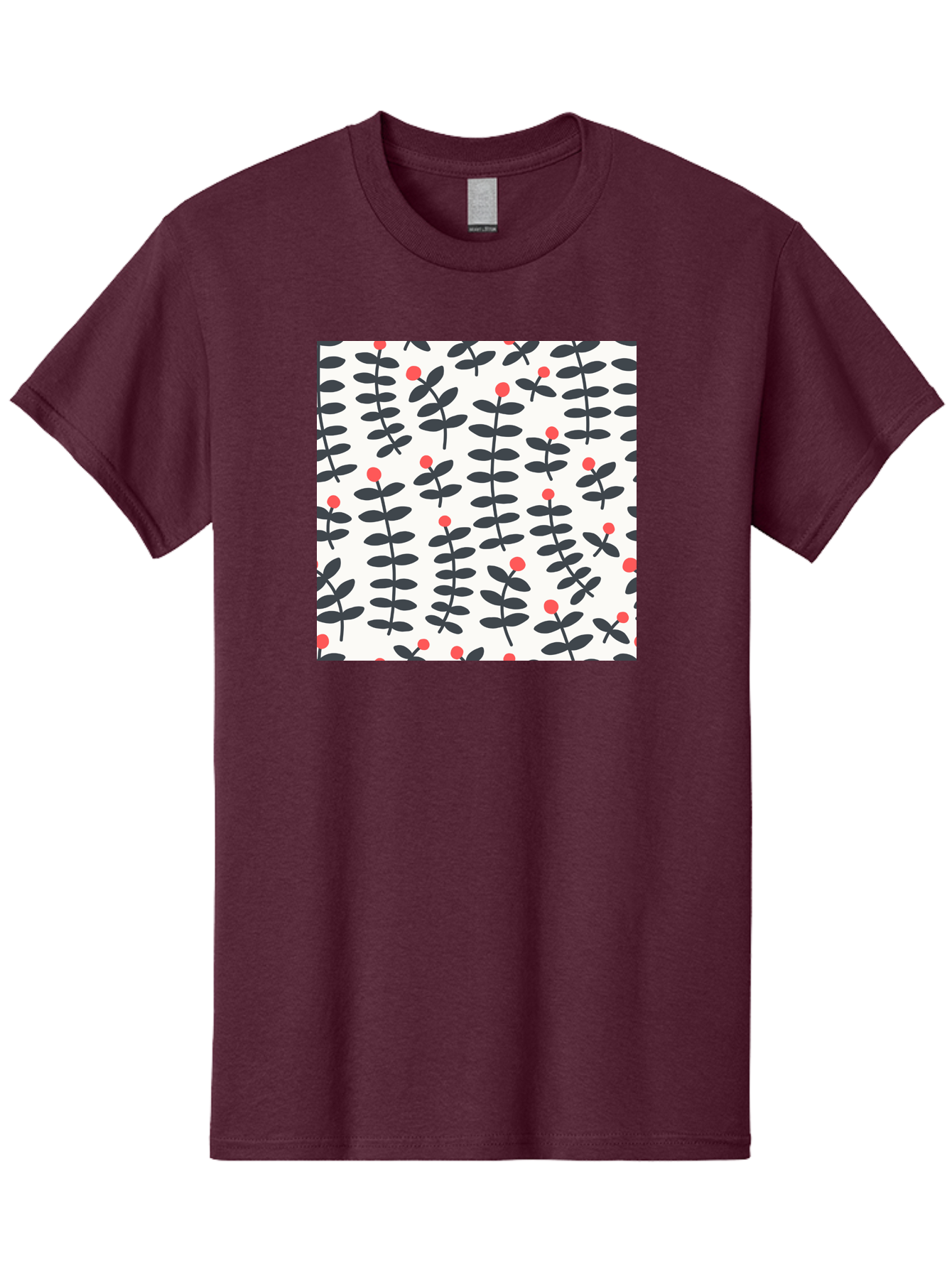 Berry-Pattern Men'S Graphic Tee, 100% Cotton, Comfortable Casual Summer Wear, Machine Washable, Berry Sprigs Pattern, Repeating Floral Design, Red Berries, Black Leaves, Minimalist Botanical, Folk Art Style, Whimsical Decoration, Aab661