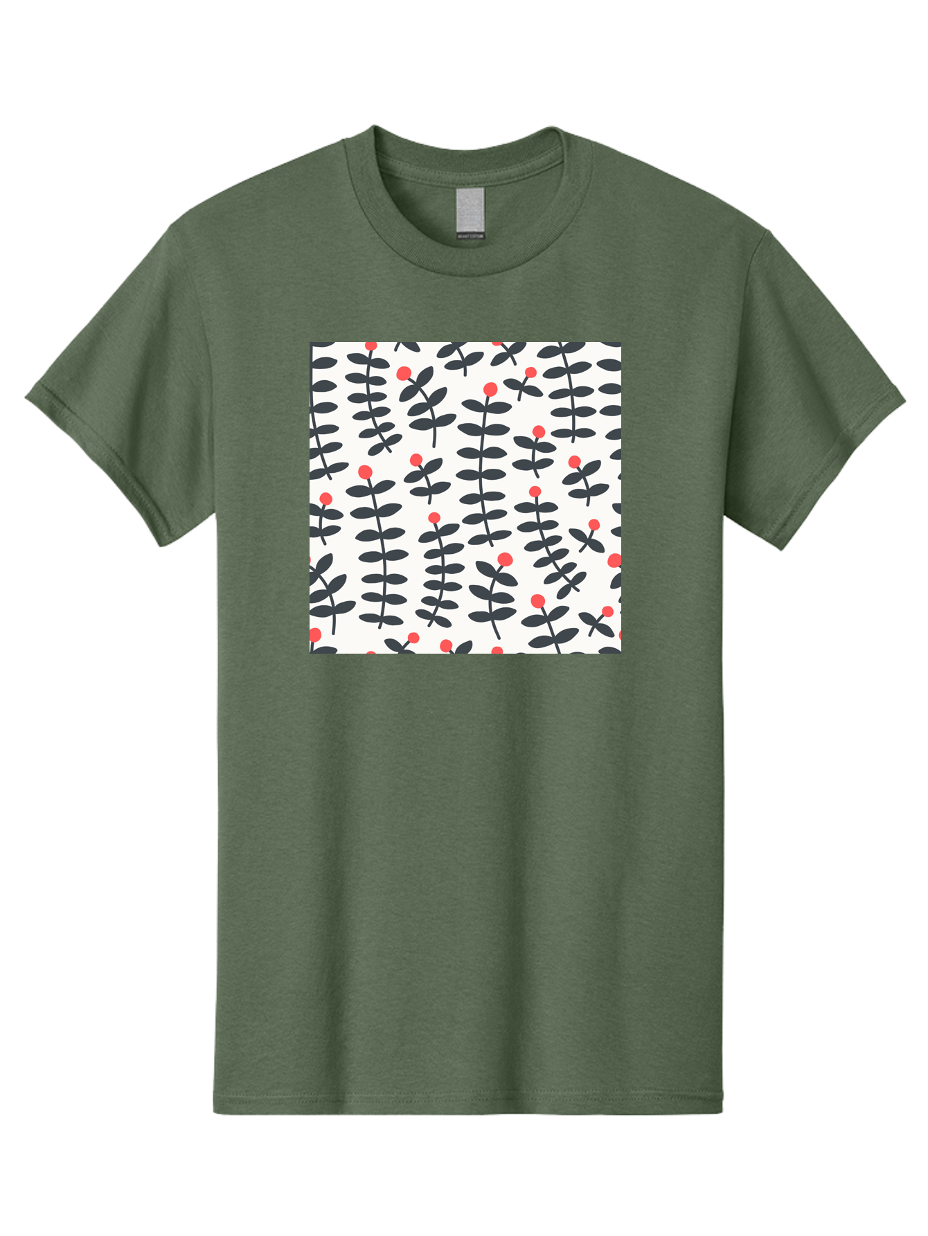 Berry-Pattern Men'S Graphic Tee, 100% Cotton, Comfortable Casual Summer Wear, Machine Washable, Berry Sprigs Pattern, Repeating Floral Design, Red Berries, Black Leaves, Minimalist Botanical, Folk Art Style, Whimsical Decoration, Aab661