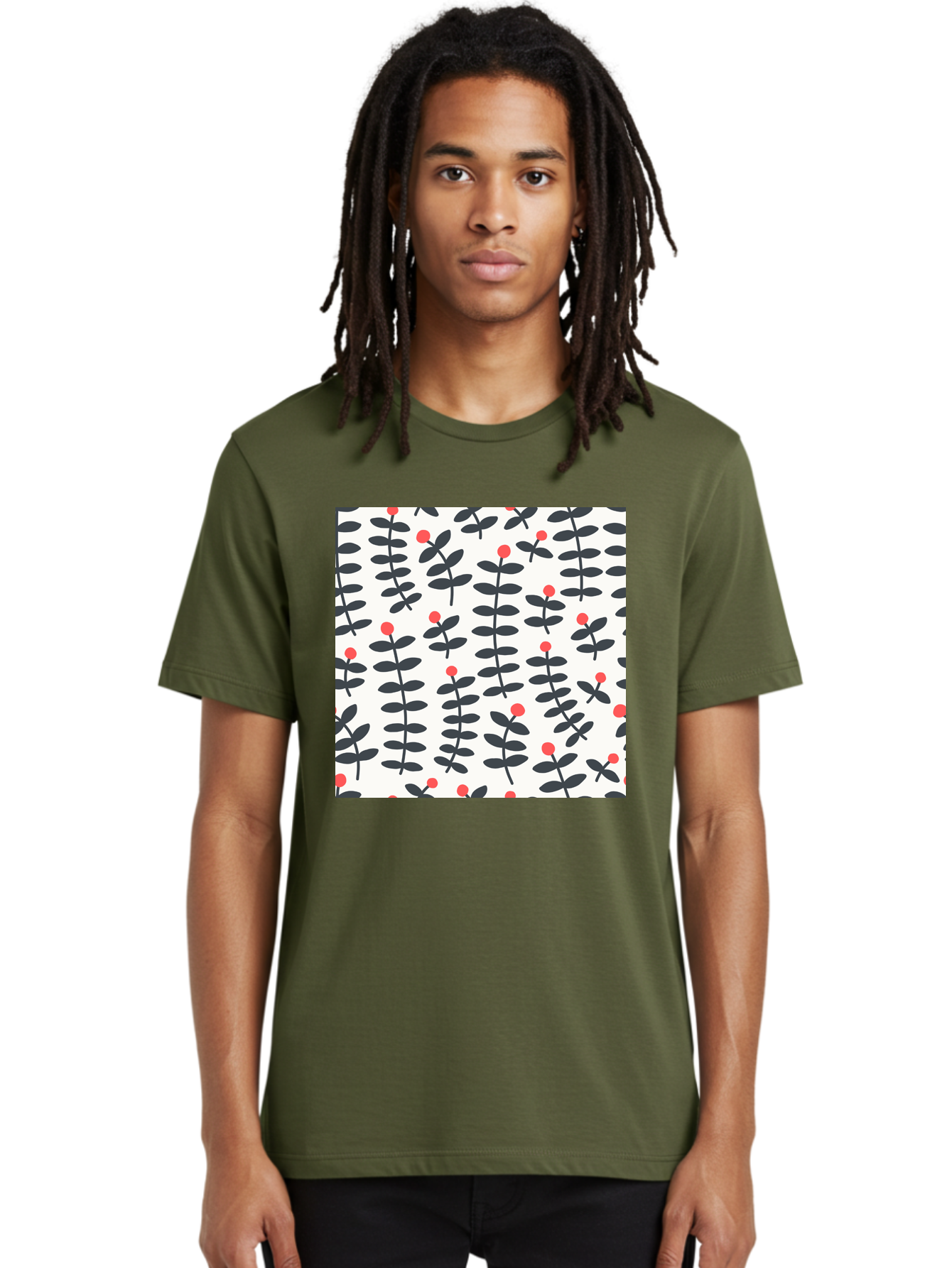 Berry-Pattern Men'S Graphic Tee, 100% Cotton, Comfortable Casual Summer Wear, Machine Washable, Berry Sprigs Pattern, Repeating Floral Design, Red Berries, Black Leaves, Minimalist Botanical, Folk Art Style, Whimsical Decoration, Aab661