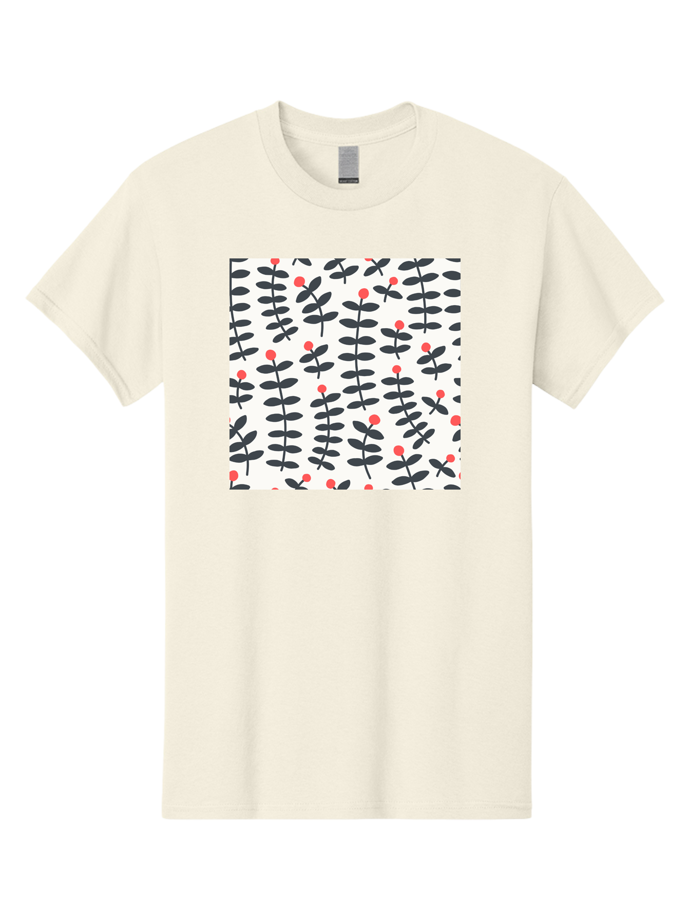 Berry-Pattern Men'S Graphic Tee, 100% Cotton, Comfortable Casual Summer Wear, Machine Washable, Berry Sprigs Pattern, Repeating Floral Design, Red Berries, Black Leaves, Minimalist Botanical, Folk Art Style, Whimsical Decoration, Aab661