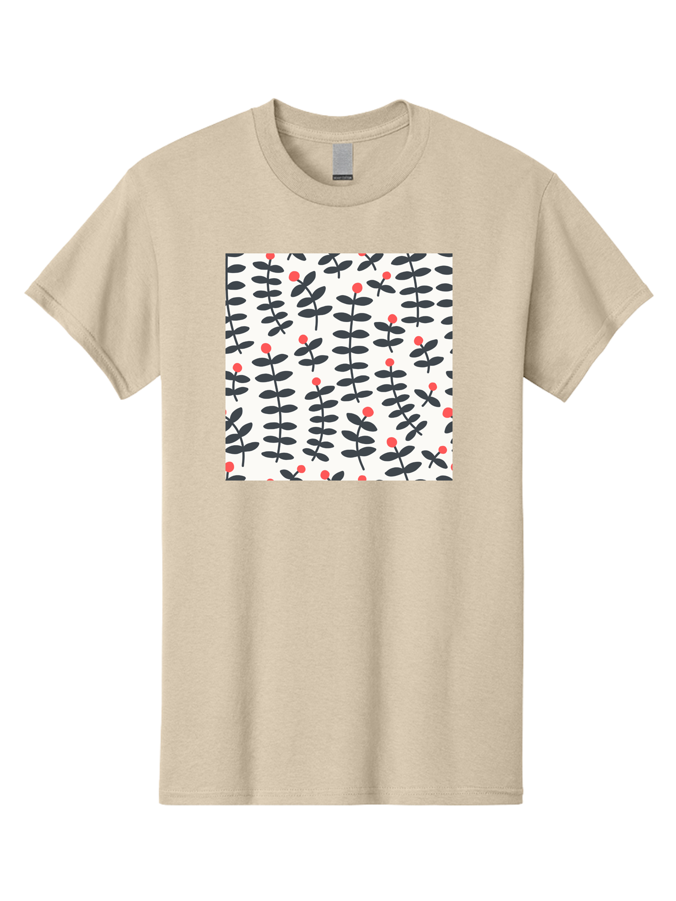 Berry-Pattern Men'S Graphic Tee, 100% Cotton, Comfortable Casual Summer Wear, Machine Washable, Berry Sprigs Pattern, Repeating Floral Design, Red Berries, Black Leaves, Minimalist Botanical, Folk Art Style, Whimsical Decoration, Aab661