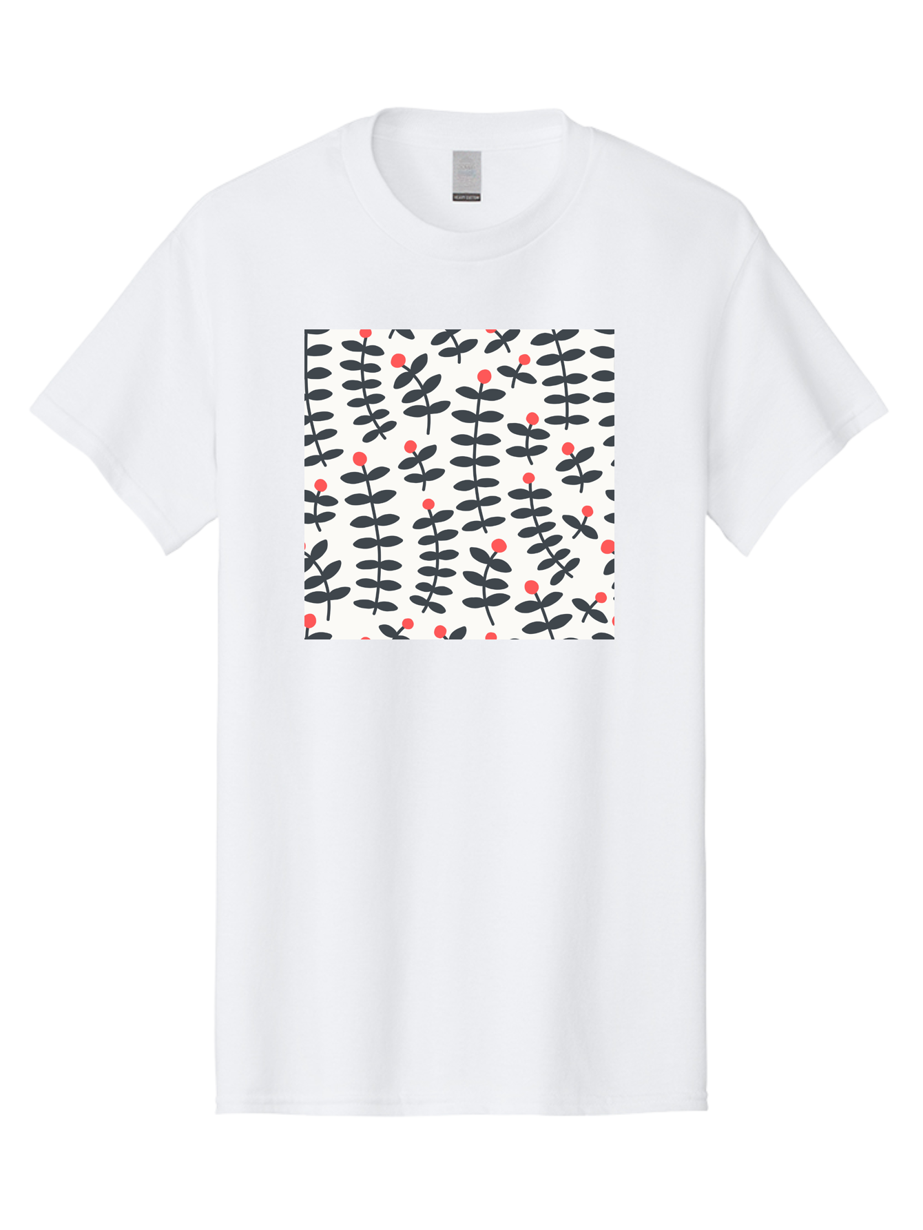 Berry-Pattern Men'S Graphic Tee, 100% Cotton, Comfortable Casual Summer Wear, Machine Washable, Berry Sprigs Pattern, Repeating Floral Design, Red Berries, Black Leaves, Minimalist Botanical, Folk Art Style, Whimsical Decoration, Aab661