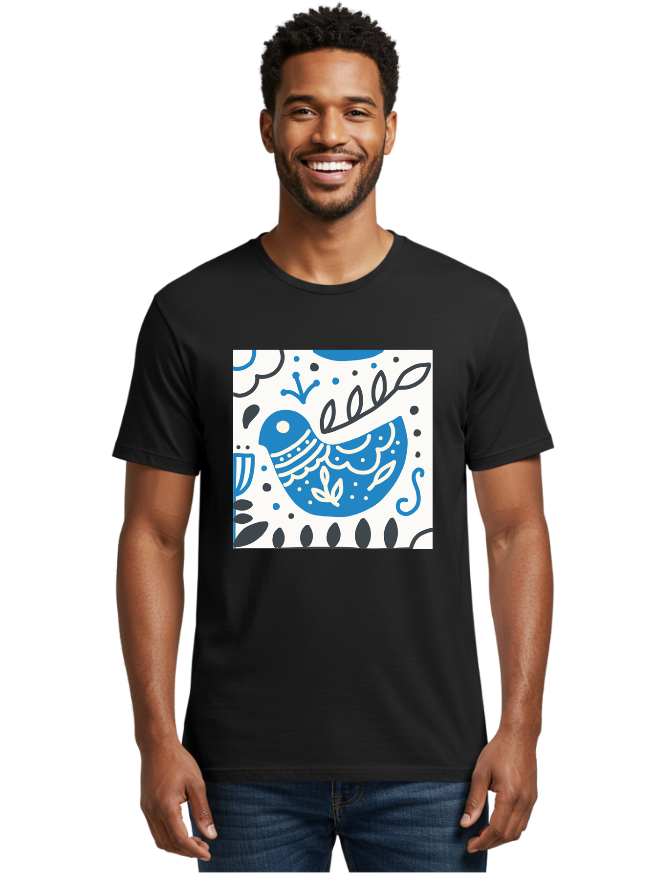 Bird-Illustration Men'S Graphic Tee, 100% Cotton, Comfortable Casual Summer Wear, Machine Washable, Blue Bird, White Patterns, Black Accents, Abstract Shapes, Doodle Art, Whimsical Design, Playful Patterns, Hand Drawn, Graphic Illustration, Aab662