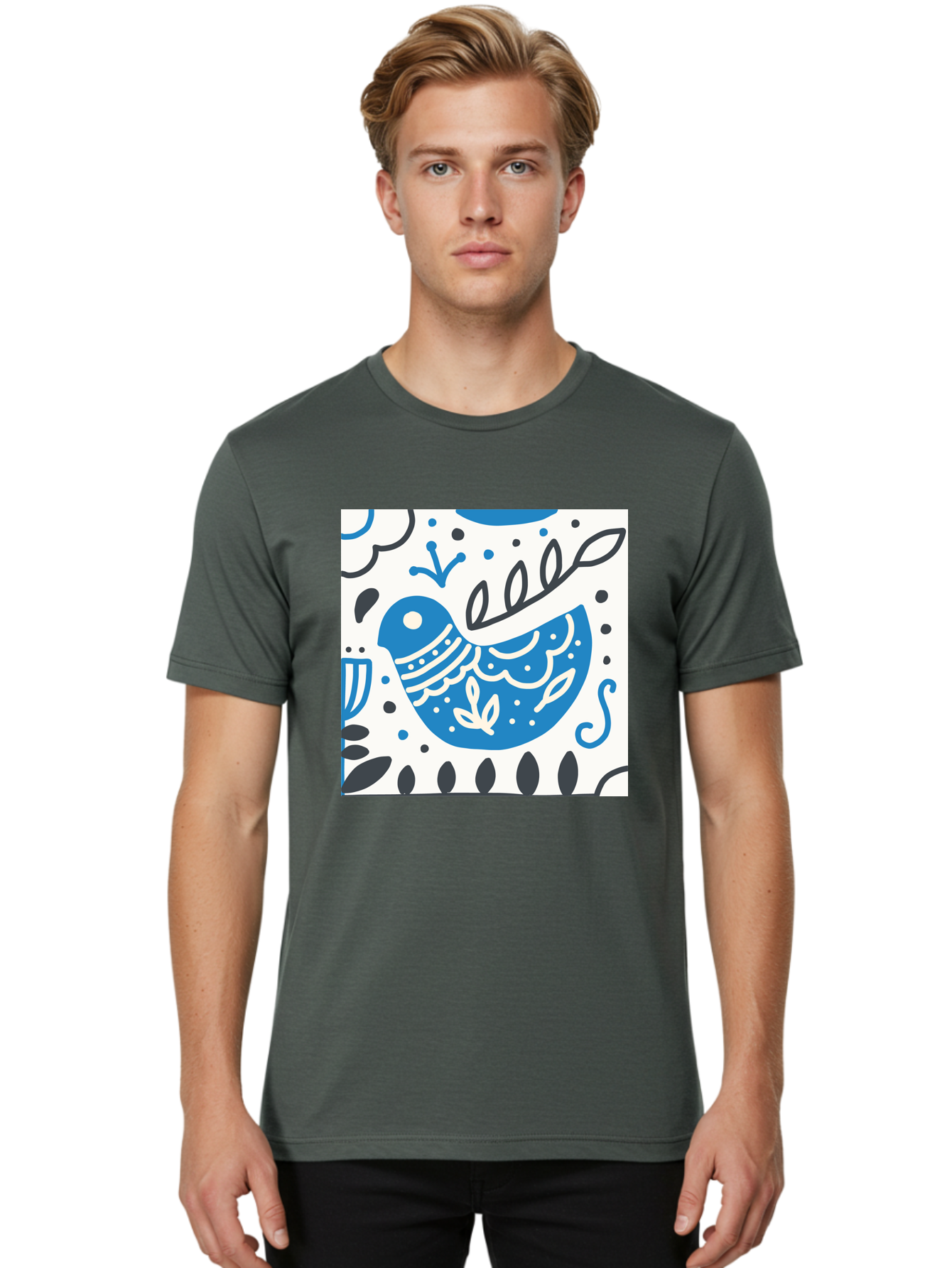 Bird-Illustration Men'S Graphic Tee, 100% Cotton, Comfortable Casual Summer Wear, Machine Washable, Blue Bird, White Patterns, Black Accents, Abstract Shapes, Doodle Art, Whimsical Design, Playful Patterns, Hand Drawn, Graphic Illustration, Aab662
