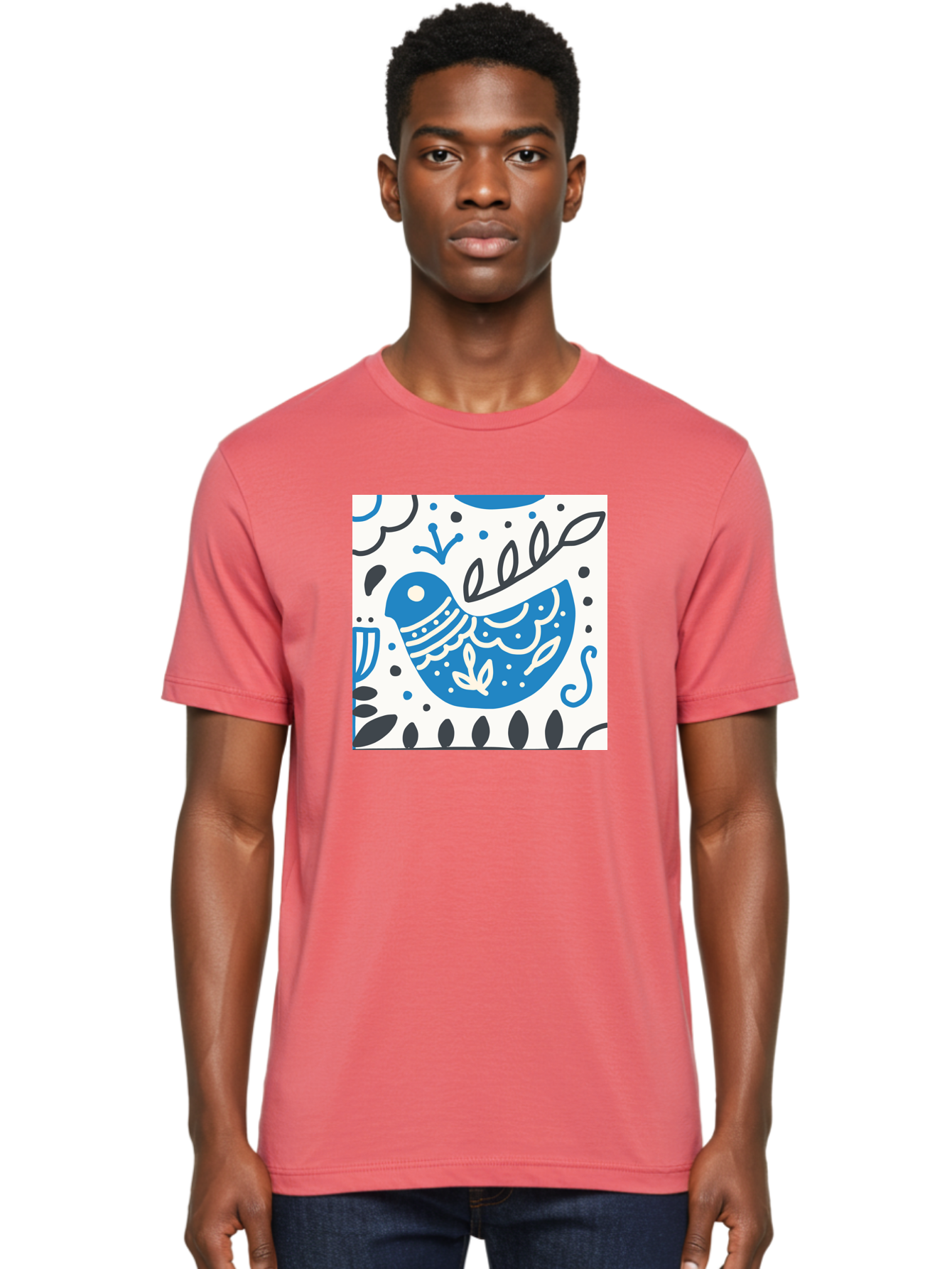 Bird-Illustration Men'S Graphic Tee, 100% Cotton, Comfortable Casual Summer Wear, Machine Washable, Blue Bird, White Patterns, Black Accents, Abstract Shapes, Doodle Art, Whimsical Design, Playful Patterns, Hand Drawn, Graphic Illustration, Aab662