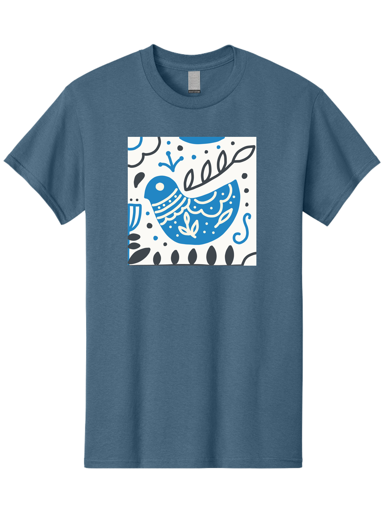 Bird-Illustration Men'S Graphic Tee, 100% Cotton, Comfortable Casual Summer Wear, Machine Washable, Blue Bird, White Patterns, Black Accents, Abstract Shapes, Doodle Art, Whimsical Design, Playful Patterns, Hand Drawn, Graphic Illustration, Aab662