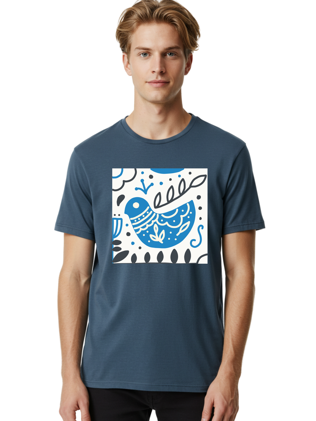 Bird-Illustration Men'S Graphic Tee, 100% Cotton, Comfortable Casual Summer Wear, Machine Washable, Blue Bird, White Patterns, Black Accents, Abstract Shapes, Doodle Art, Whimsical Design, Playful Patterns, Hand Drawn, Graphic Illustration, Aab662