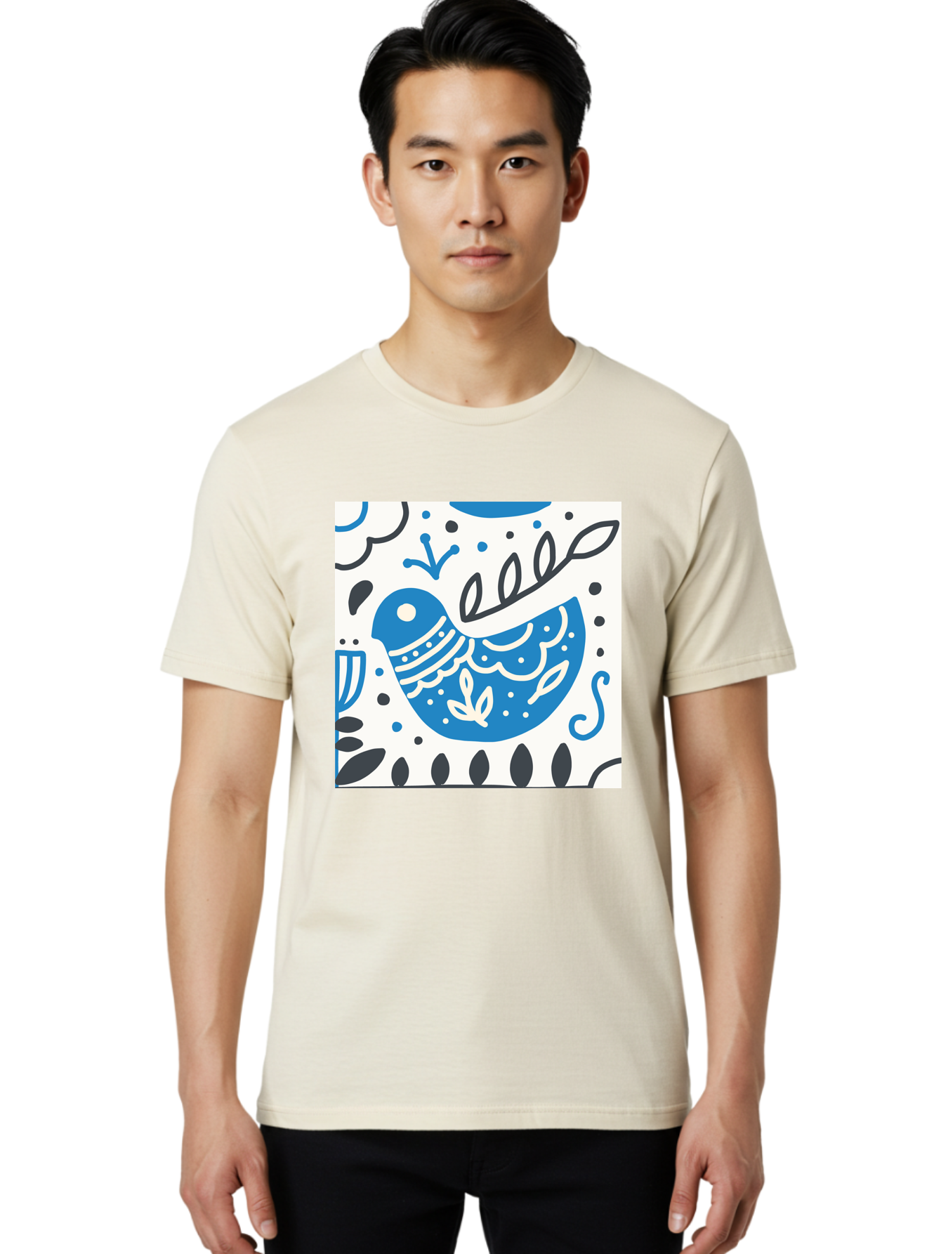 Bird-Illustration Men'S Graphic Tee, 100% Cotton, Comfortable Casual Summer Wear, Machine Washable, Blue Bird, White Patterns, Black Accents, Abstract Shapes, Doodle Art, Whimsical Design, Playful Patterns, Hand Drawn, Graphic Illustration, Aab662