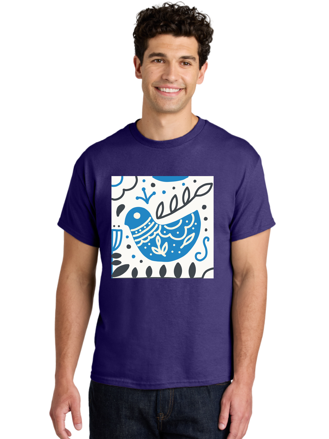 Bird-Illustration Men'S Graphic Tee, 100% Cotton, Comfortable Casual Summer Wear, Machine Washable, Blue Bird, White Patterns, Black Accents, Abstract Shapes, Doodle Art, Whimsical Design, Playful Patterns, Hand Drawn, Graphic Illustration, Aab662