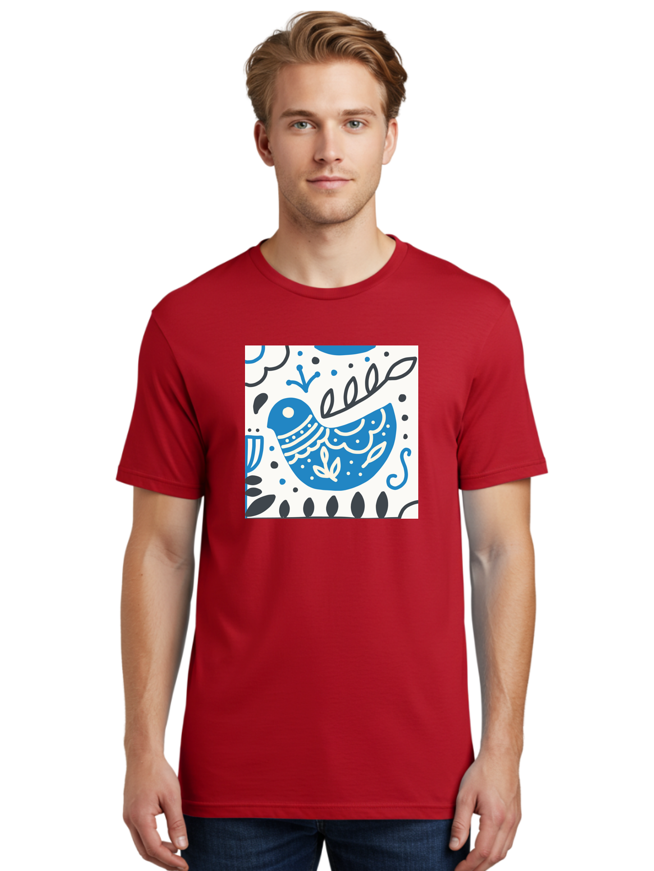 Bird-Illustration Men'S Graphic Tee, 100% Cotton, Comfortable Casual Summer Wear, Machine Washable, Blue Bird, White Patterns, Black Accents, Abstract Shapes, Doodle Art, Whimsical Design, Playful Patterns, Hand Drawn, Graphic Illustration, Aab662