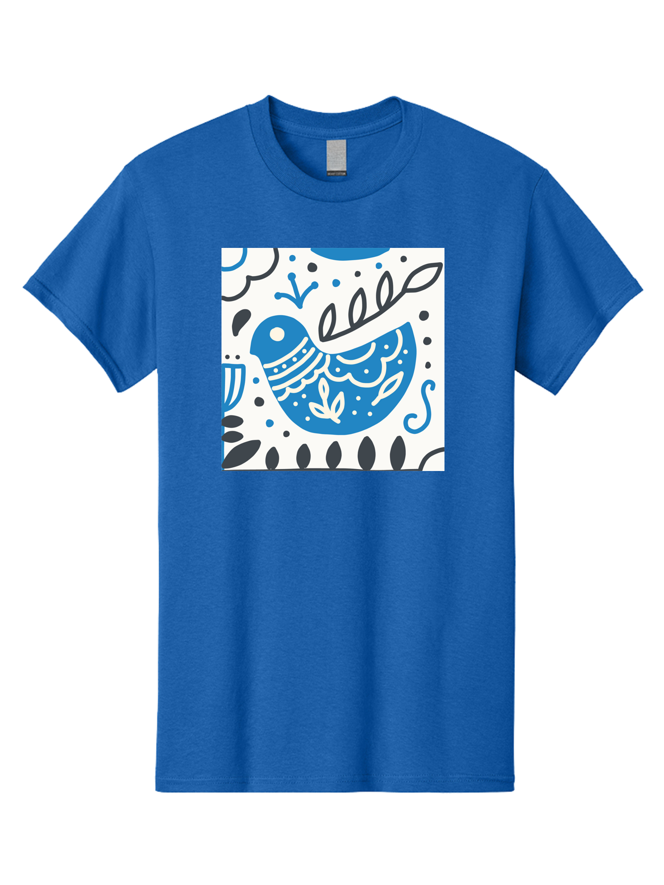 Bird-Illustration Men'S Graphic Tee, 100% Cotton, Comfortable Casual Summer Wear, Machine Washable, Blue Bird, White Patterns, Black Accents, Abstract Shapes, Doodle Art, Whimsical Design, Playful Patterns, Hand Drawn, Graphic Illustration, Aab662