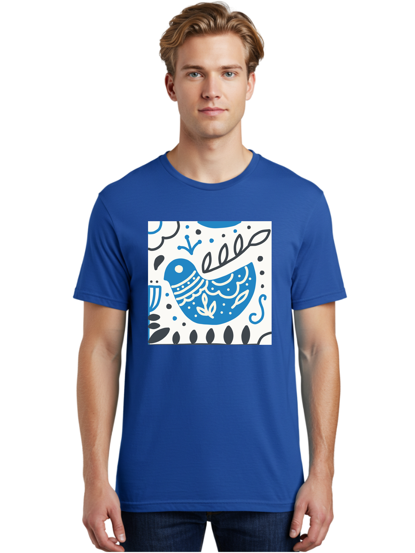 Bird-Illustration Men'S Graphic Tee, 100% Cotton, Comfortable Casual Summer Wear, Machine Washable, Blue Bird, White Patterns, Black Accents, Abstract Shapes, Doodle Art, Whimsical Design, Playful Patterns, Hand Drawn, Graphic Illustration, Aab662
