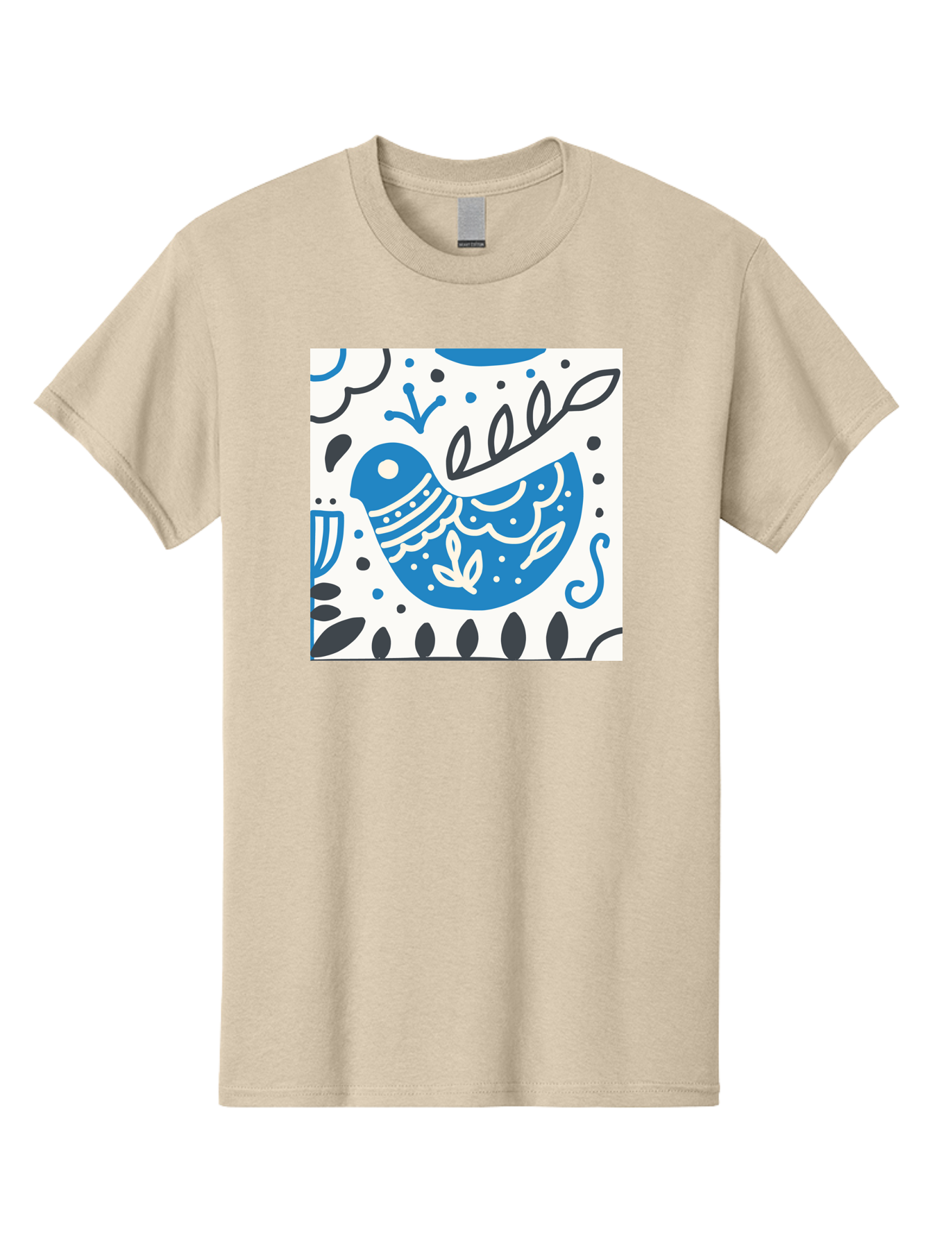Bird-Illustration Men'S Graphic Tee, 100% Cotton, Comfortable Casual Summer Wear, Machine Washable, Blue Bird, White Patterns, Black Accents, Abstract Shapes, Doodle Art, Whimsical Design, Playful Patterns, Hand Drawn, Graphic Illustration, Aab662