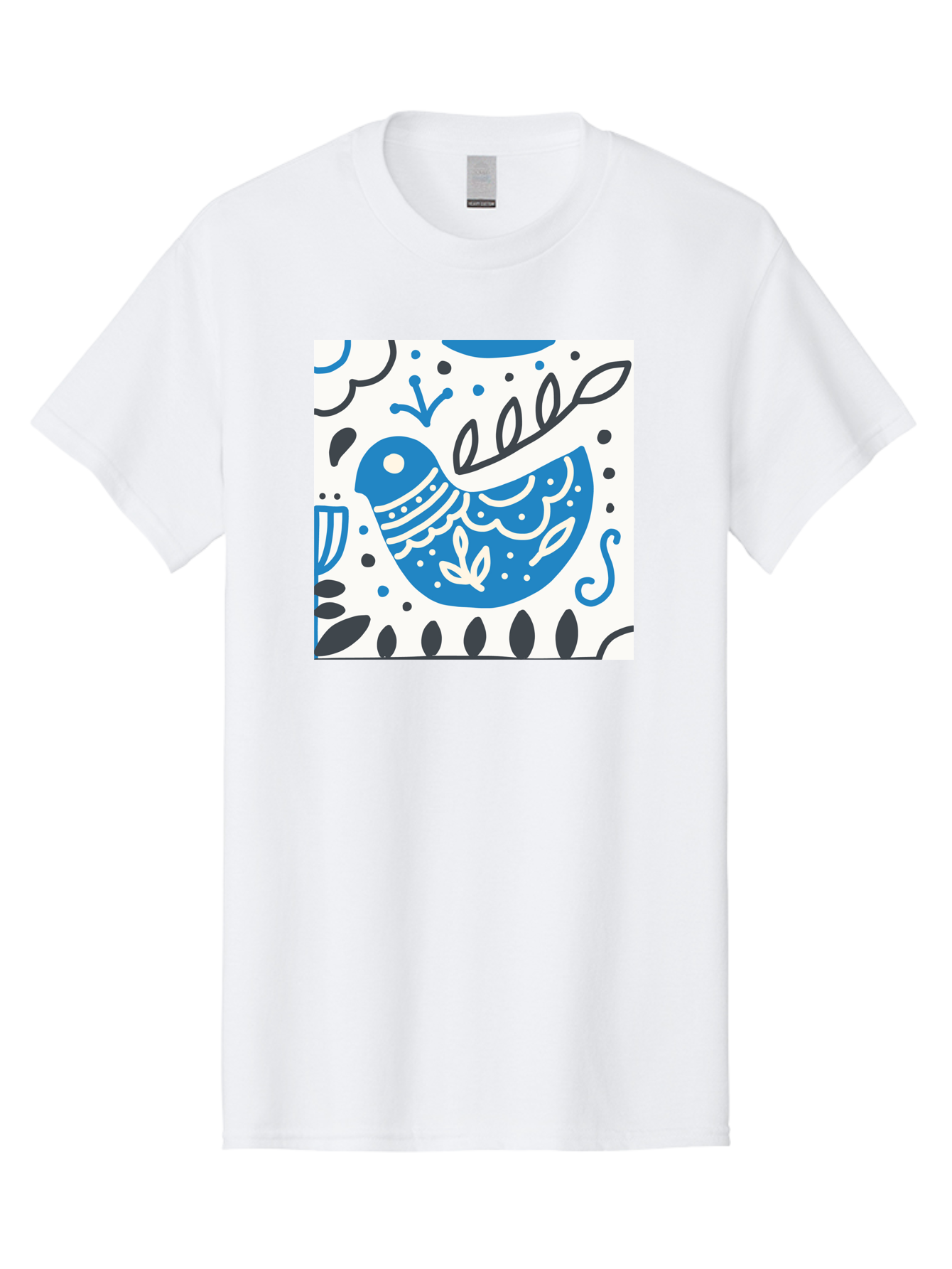 Bird-Illustration Men'S Graphic Tee, 100% Cotton, Comfortable Casual Summer Wear, Machine Washable, Blue Bird, White Patterns, Black Accents, Abstract Shapes, Doodle Art, Whimsical Design, Playful Patterns, Hand Drawn, Graphic Illustration, Aab662