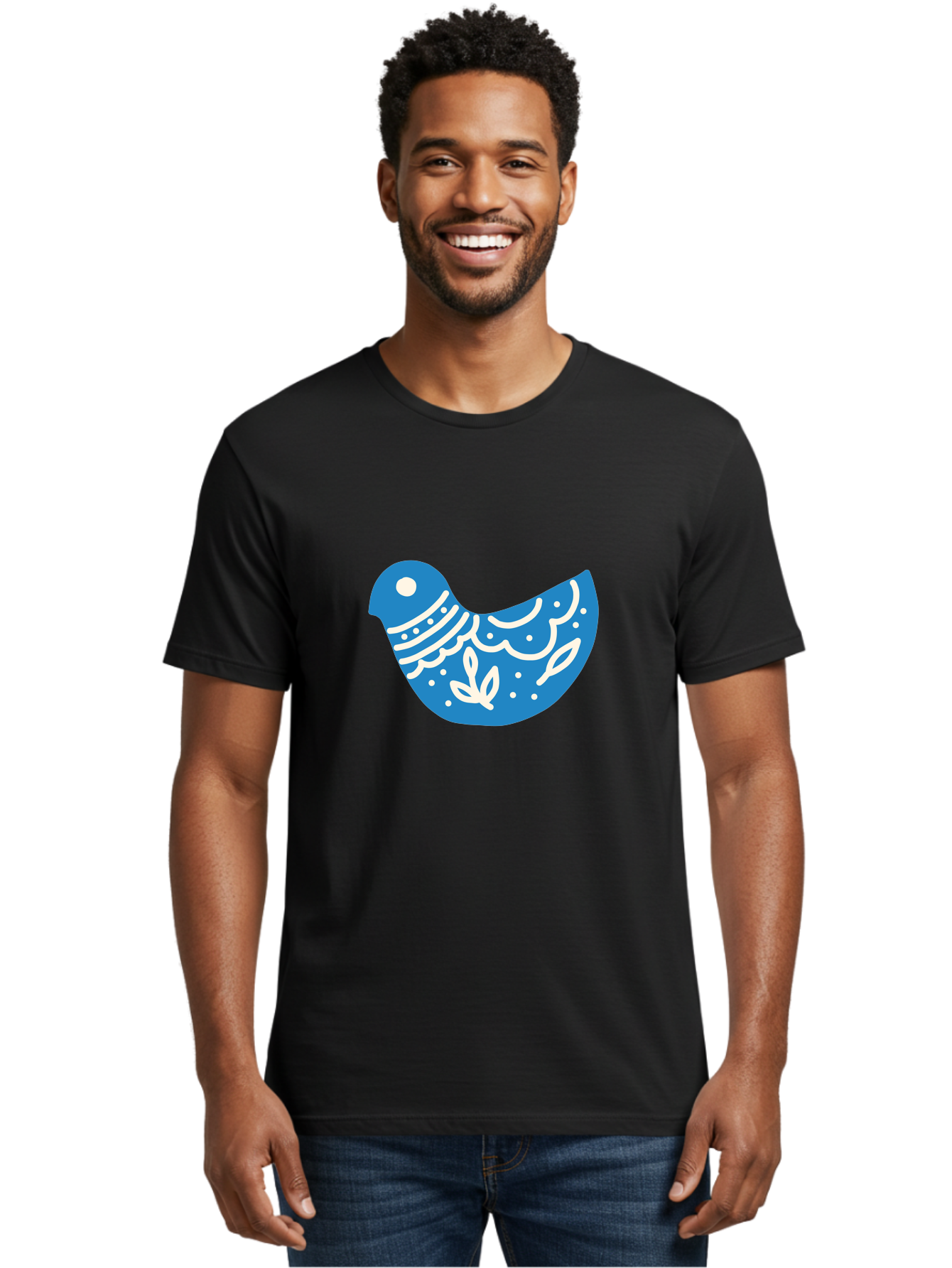 Bird-Logo Men'S Graphic Tee, 100% Cotton, Comfortable Casual Summer Wear, Machine Washable, Blue Bird, White Patterns, Abstract Design, Digital Art, Minimalist Illustration, Stylized Bird, Nature-Inspired, Creative Graphics Aab663