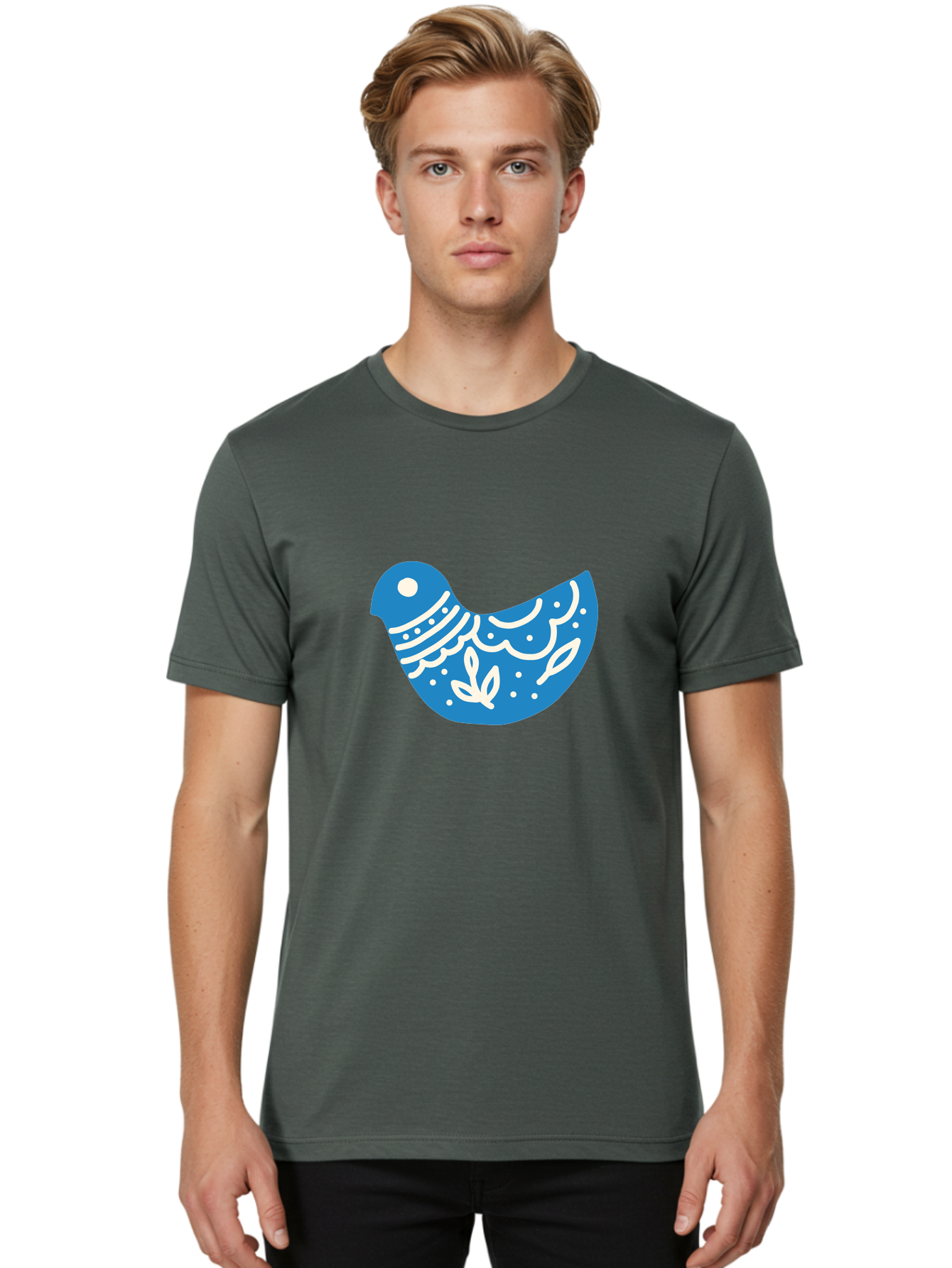 Bird-Logo Men'S Graphic Tee, 100% Cotton, Comfortable Casual Summer Wear, Machine Washable, Blue Bird, White Patterns, Abstract Design, Digital Art, Minimalist Illustration, Stylized Bird, Nature-Inspired, Creative Graphics Aab663