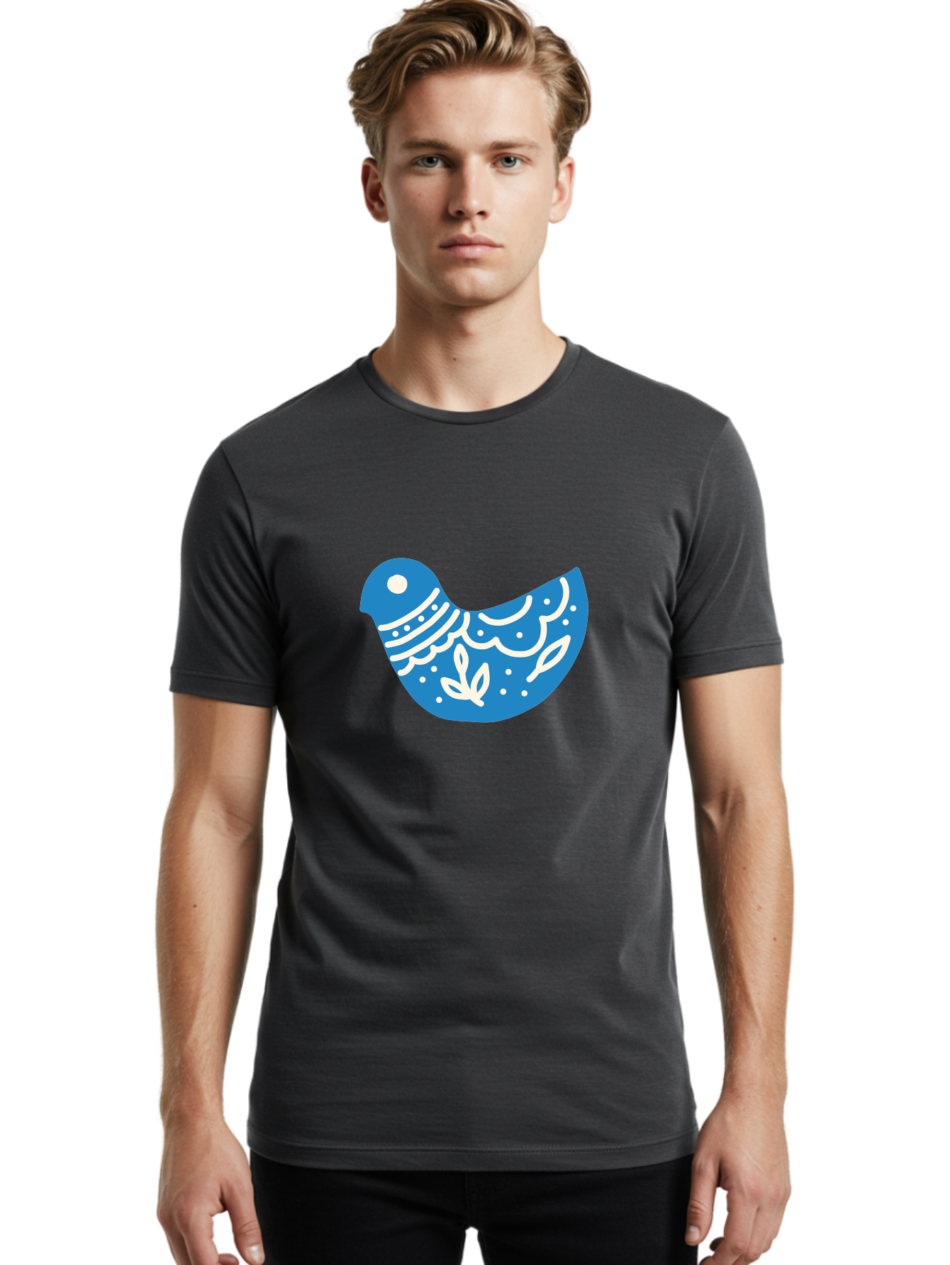 Bird-Logo Men'S Graphic Tee, 100% Cotton, Comfortable Casual Summer Wear, Machine Washable, Blue Bird, White Patterns, Abstract Design, Digital Art, Minimalist Illustration, Stylized Bird, Nature-Inspired, Creative Graphics Aab663