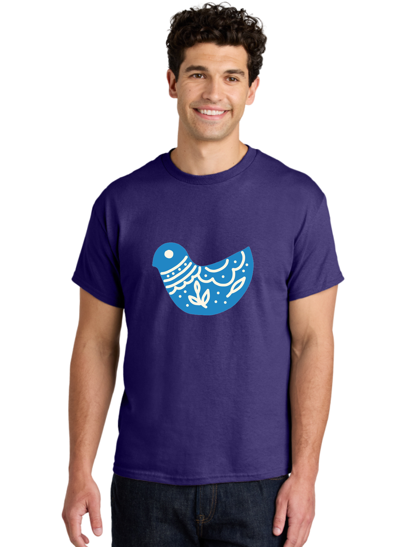 Bird-Logo Men'S Graphic Tee, 100% Cotton, Comfortable Casual Summer Wear, Machine Washable, Blue Bird, White Patterns, Abstract Design, Digital Art, Minimalist Illustration, Stylized Bird, Nature-Inspired, Creative Graphics Aab663