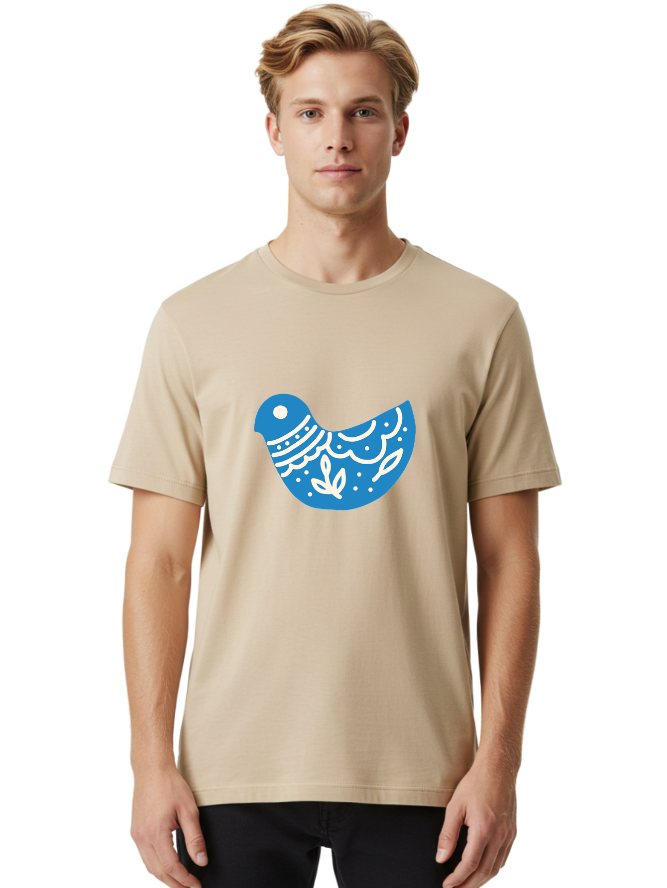 Bird-Logo Men'S Graphic Tee, 100% Cotton, Comfortable Casual Summer Wear, Machine Washable, Blue Bird, White Patterns, Abstract Design, Digital Art, Minimalist Illustration, Stylized Bird, Nature-Inspired, Creative Graphics Aab663