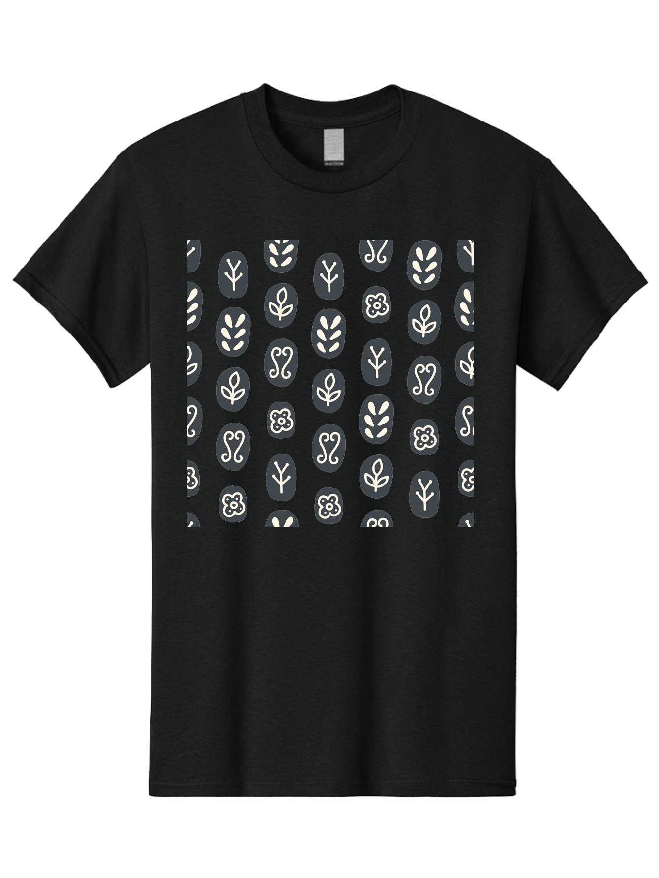 Black-Ovals-With-White-Leaves Men'S Graphic Tee, 100% Cotton, Comfortable Casual Summer Wear, Machine Washable, Repeating Pattern, Gray Ovals, White Floral Designs, Botanical Motifs, Abstract Shapes, Graphic Design Elements, Minimalist Art, Aab664