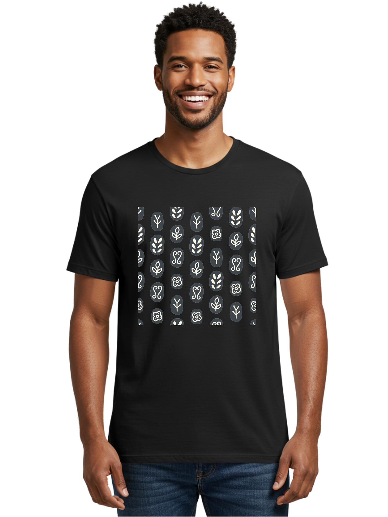 Black-Ovals-With-White-Leaves Men'S Graphic Tee, 100% Cotton, Comfortable Casual Summer Wear, Machine Washable, Repeating Pattern, Gray Ovals, White Floral Designs, Botanical Motifs, Abstract Shapes, Graphic Design Elements, Minimalist Art, Aab664