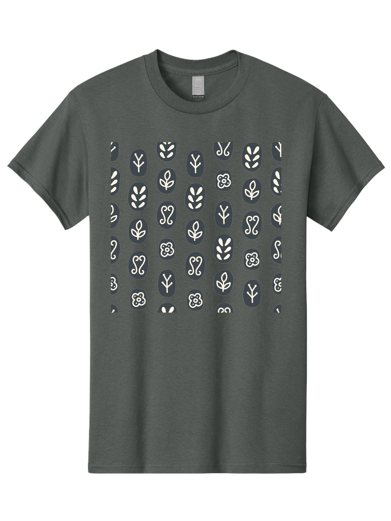 Black-Ovals-With-White-Leaves Men'S Graphic Tee, 100% Cotton, Comfortable Casual Summer Wear, Machine Washable, Repeating Pattern, Gray Ovals, White Floral Designs, Botanical Motifs, Abstract Shapes, Graphic Design Elements, Minimalist Art, Aab664