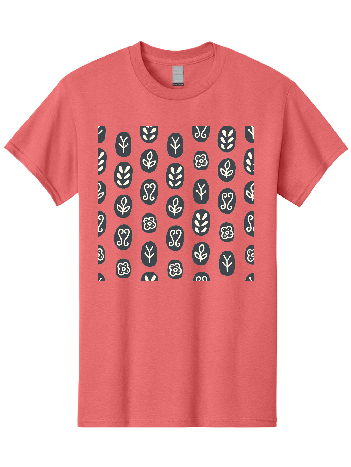 Black-Ovals-With-White-Leaves Men'S Graphic Tee, 100% Cotton, Comfortable Casual Summer Wear, Machine Washable, Repeating Pattern, Gray Ovals, White Floral Designs, Botanical Motifs, Abstract Shapes, Graphic Design Elements, Minimalist Art, Aab664