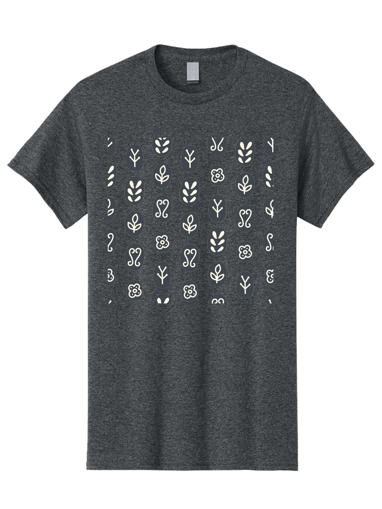 Black-Ovals-With-White-Leaves Men'S Graphic Tee, 100% Cotton, Comfortable Casual Summer Wear, Machine Washable, Repeating Pattern, Gray Ovals, White Floral Designs, Botanical Motifs, Abstract Shapes, Graphic Design Elements, Minimalist Art, Aab664