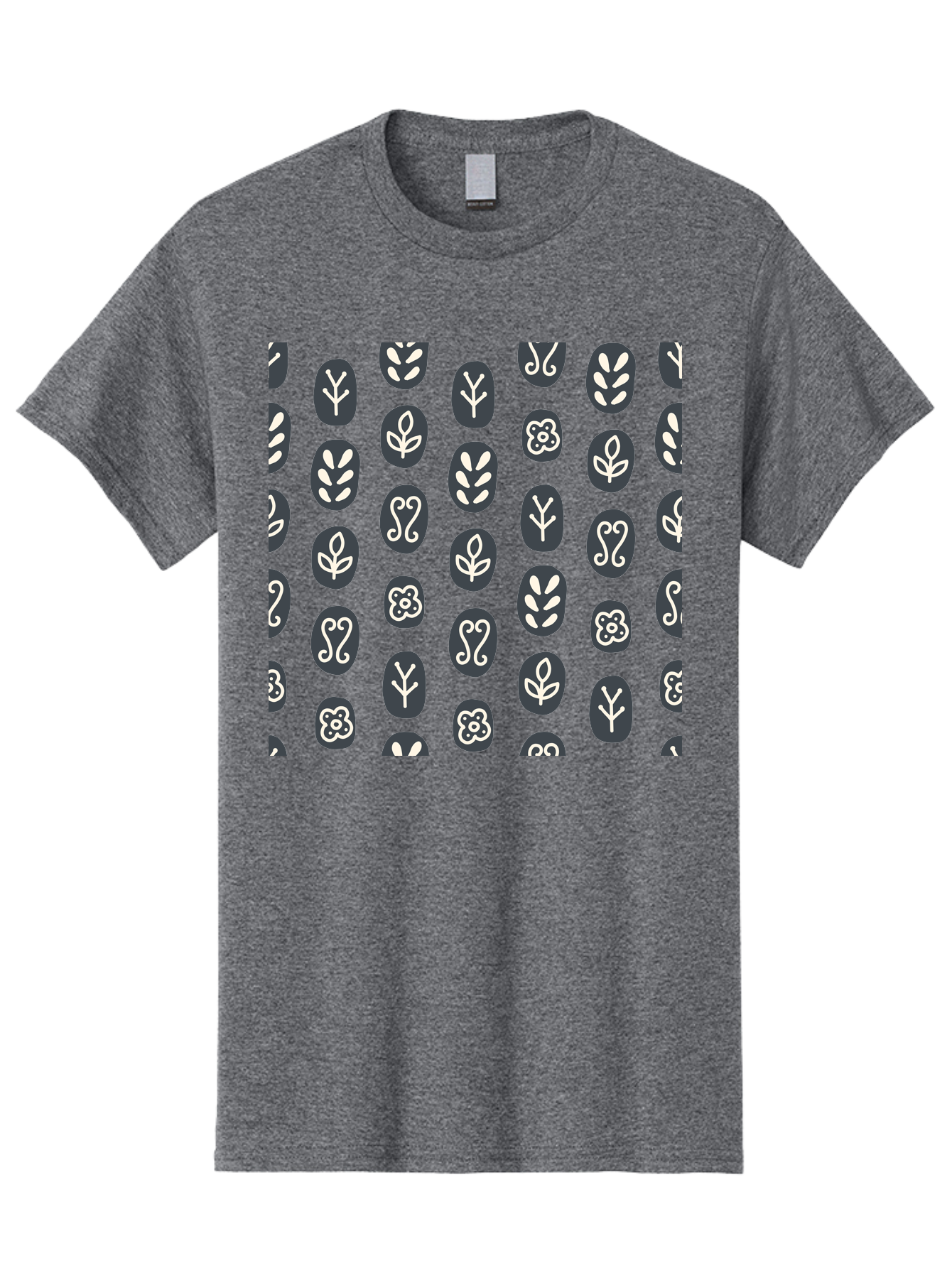 Black-Ovals-With-White-Leaves Men'S Graphic Tee, 100% Cotton, Comfortable Casual Summer Wear, Machine Washable, Repeating Pattern, Gray Ovals, White Floral Designs, Botanical Motifs, Abstract Shapes, Graphic Design Elements, Minimalist Art, Aab664