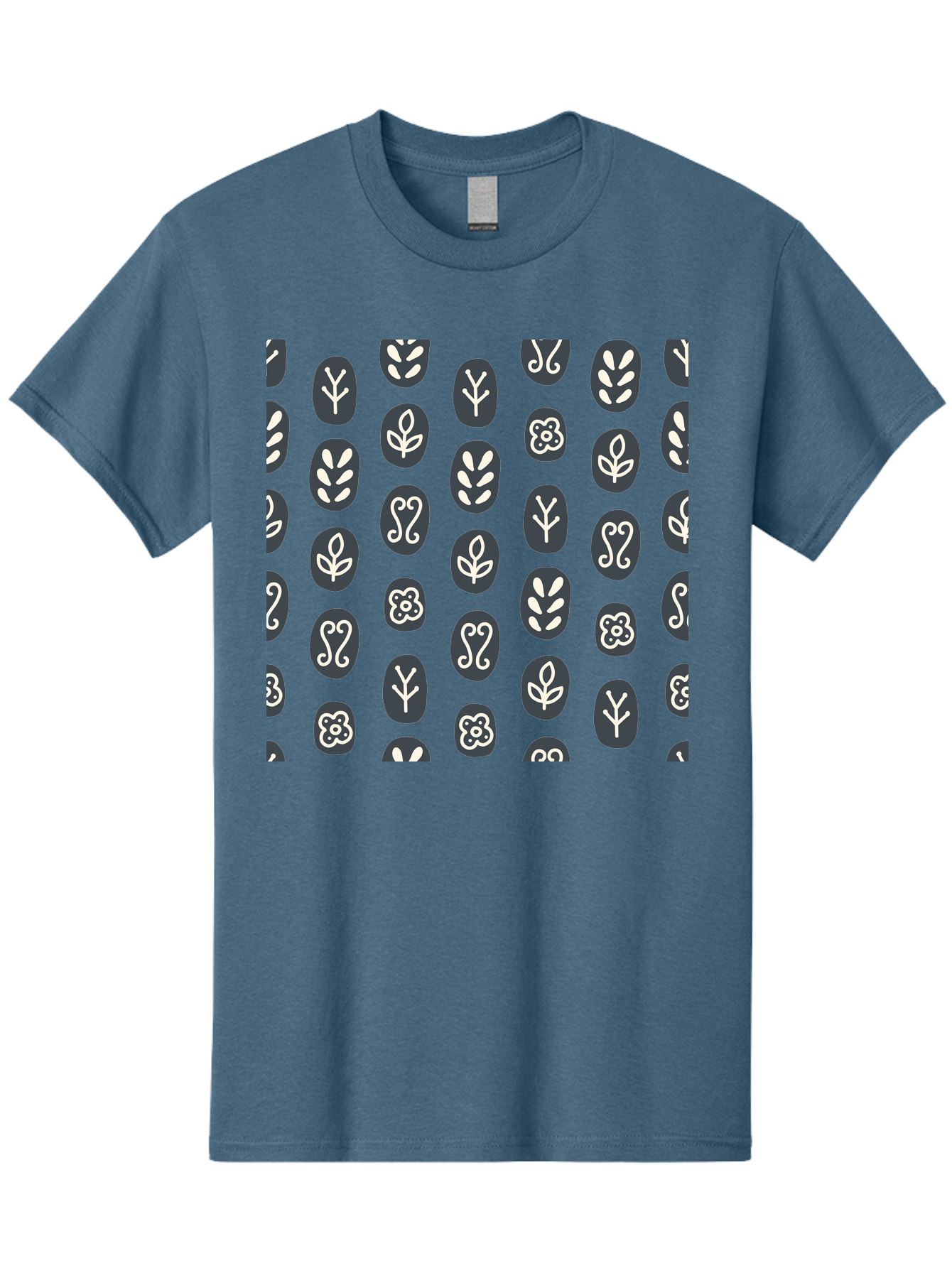 Black-Ovals-With-White-Leaves Men'S Graphic Tee, 100% Cotton, Comfortable Casual Summer Wear, Machine Washable, Repeating Pattern, Gray Ovals, White Floral Designs, Botanical Motifs, Abstract Shapes, Graphic Design Elements, Minimalist Art, Aab664