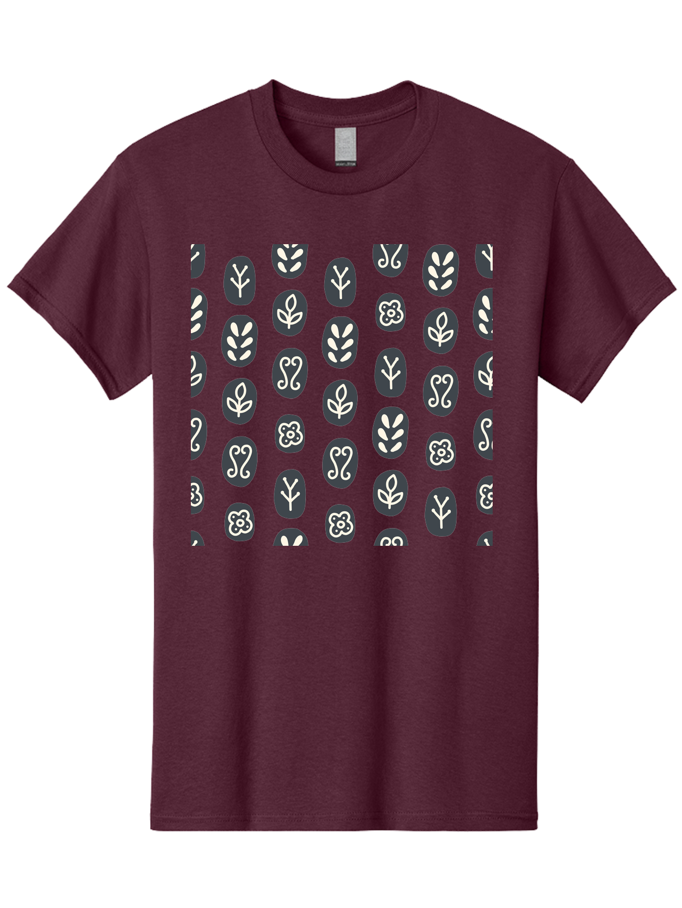 Black-Ovals-With-White-Leaves Men'S Graphic Tee, 100% Cotton, Comfortable Casual Summer Wear, Machine Washable, Repeating Pattern, Gray Ovals, White Floral Designs, Botanical Motifs, Abstract Shapes, Graphic Design Elements, Minimalist Art, Aab664